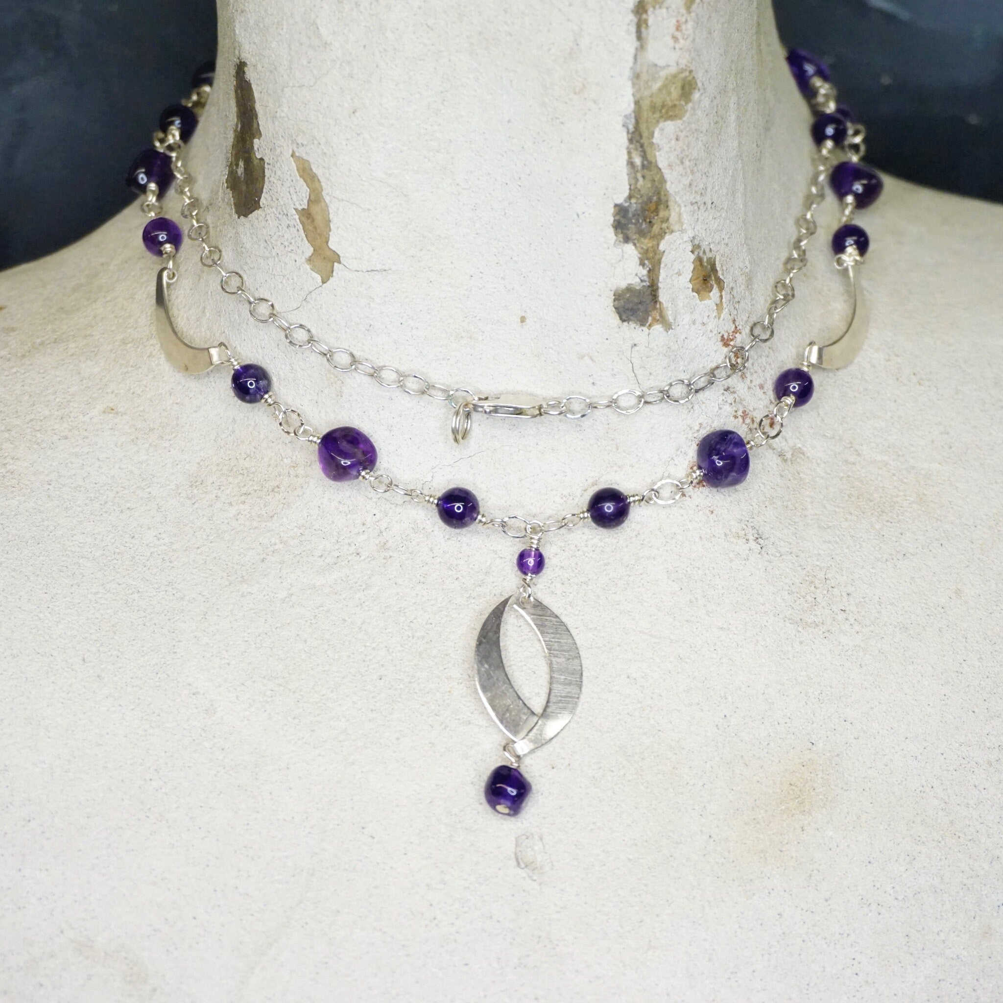 Vintage Sterling Silver Station Necklace With Purple Stones, Long Beaded Necklace With Silver Crescents, Purple and Silver Pendant Necklace
