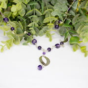 Vintage Sterling Silver Station Necklace With Purple Stones, Long Beaded Necklace With Silver Crescents, Purple and Silver Pendant Necklace