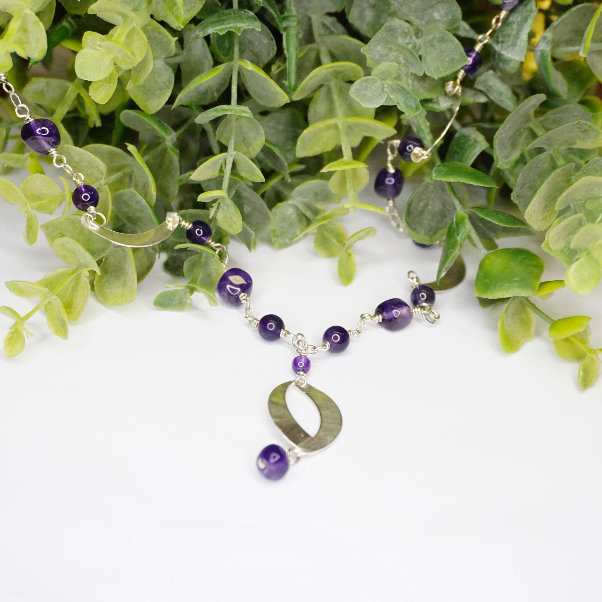 Vintage Sterling Silver Station Necklace With Purple Stones, Long Beaded Necklace With Silver Crescents, Purple and Silver Pendant Necklace