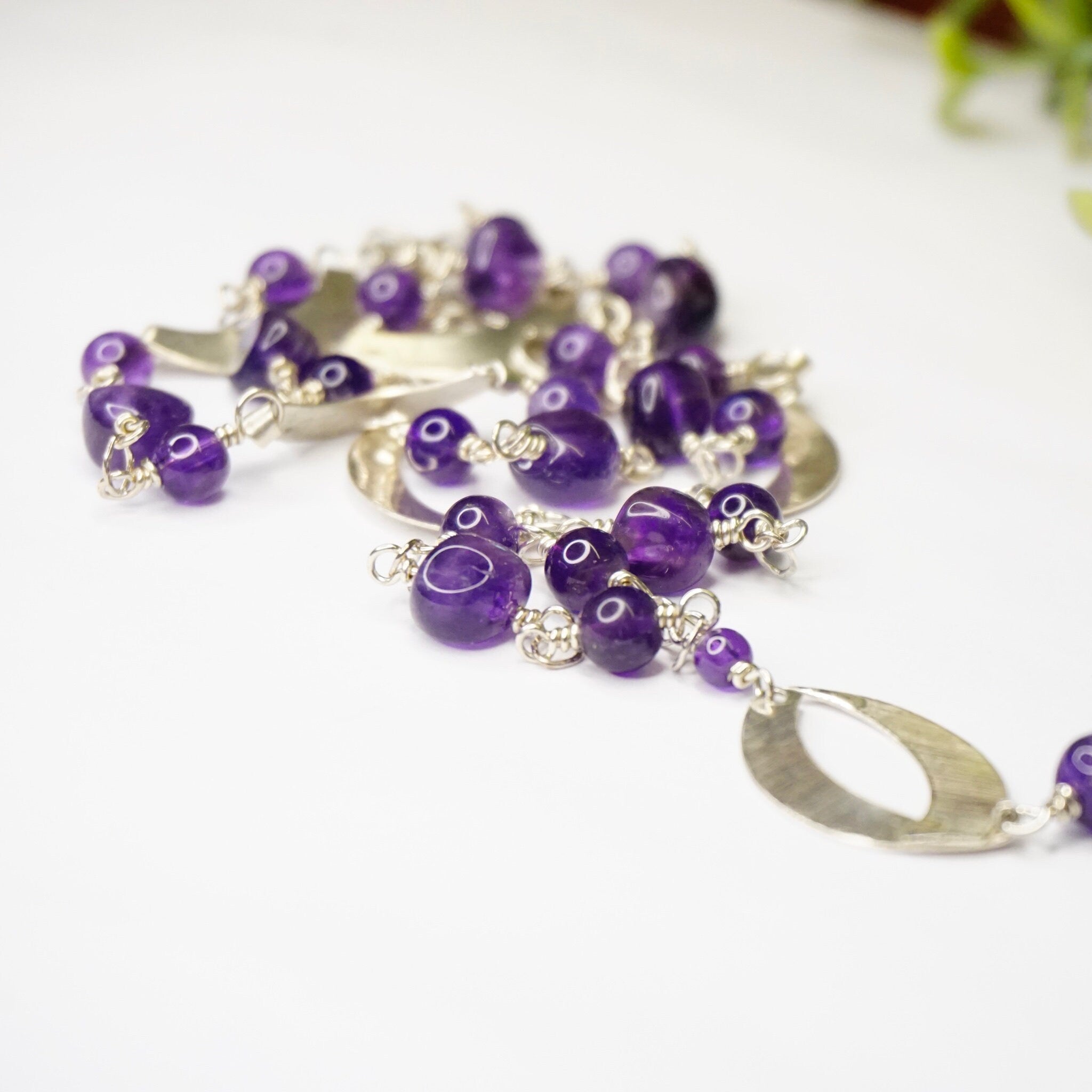 Vintage Sterling Silver Station Necklace With Purple Stones, Long Beaded Necklace With Silver Crescents, Purple and Silver Pendant Necklace