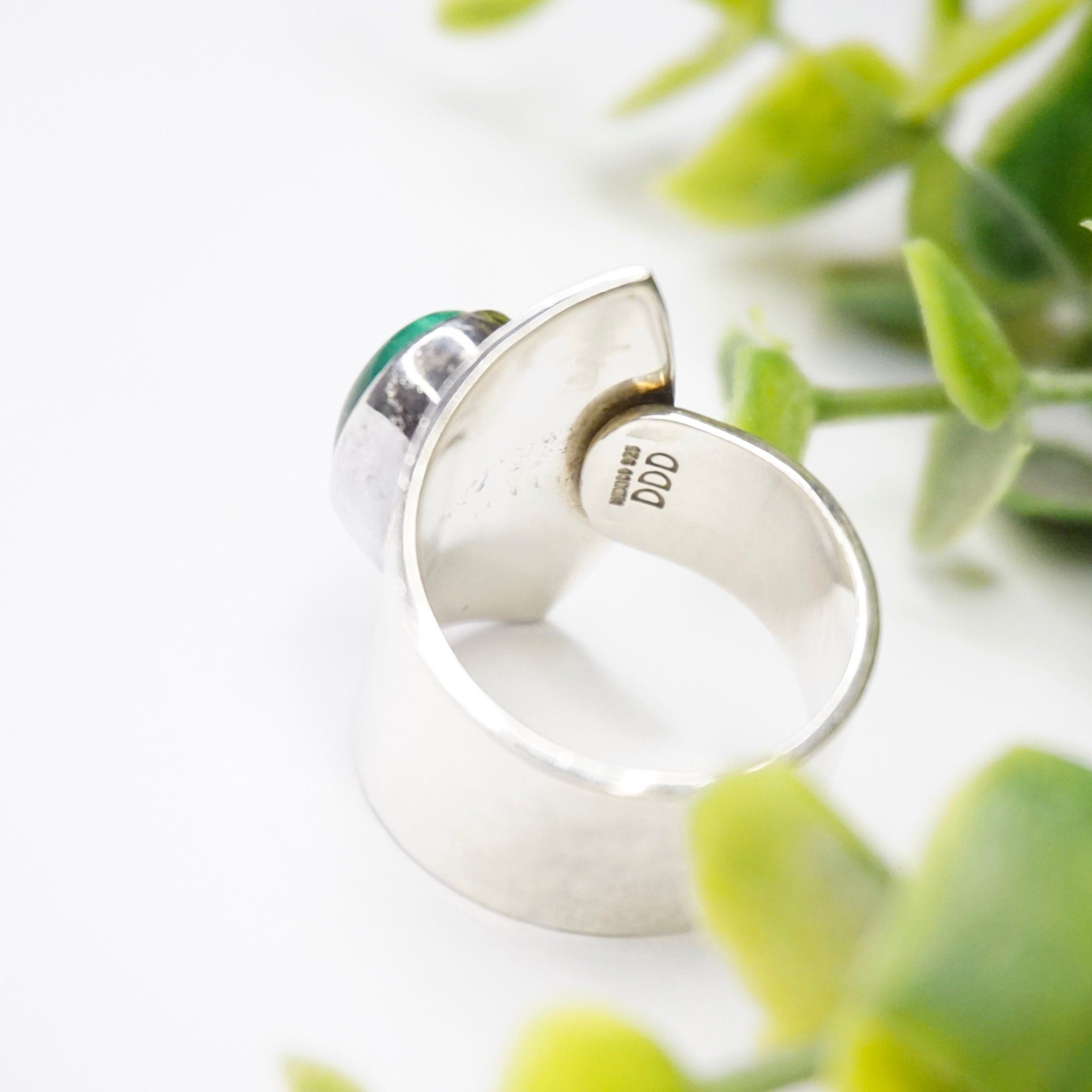 Vintage Sterling Silver Malachite Ring, Dominique Dinouart Designs, Hammered Silver Wrap Malachite Ring, Mexico 925 DDD Jewelry