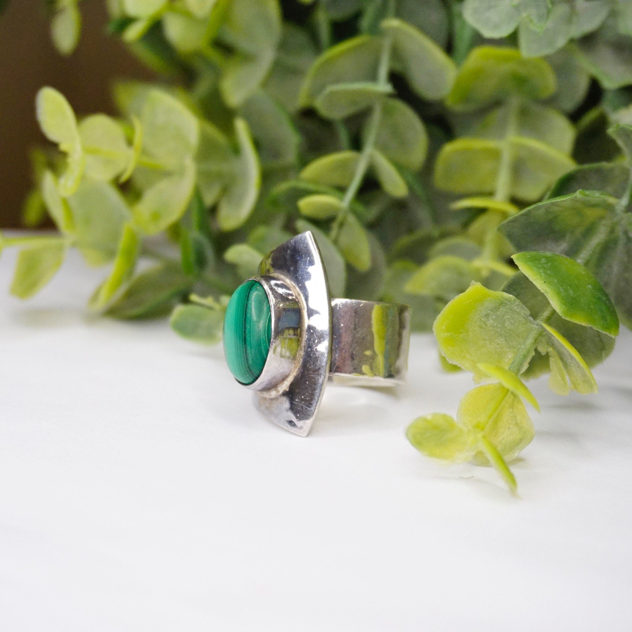 Vintage Sterling Silver Malachite Ring, Dominique Dinouart Designs, Hammered Silver Wrap Malachite Ring, Mexico 925 DDD Jewelry