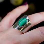 Vintage Sterling Silver Malachite Ring, Dominique Dinouart Designs, Hammered Silver Wrap Malachite Ring, Mexico 925 DDD Jewelry