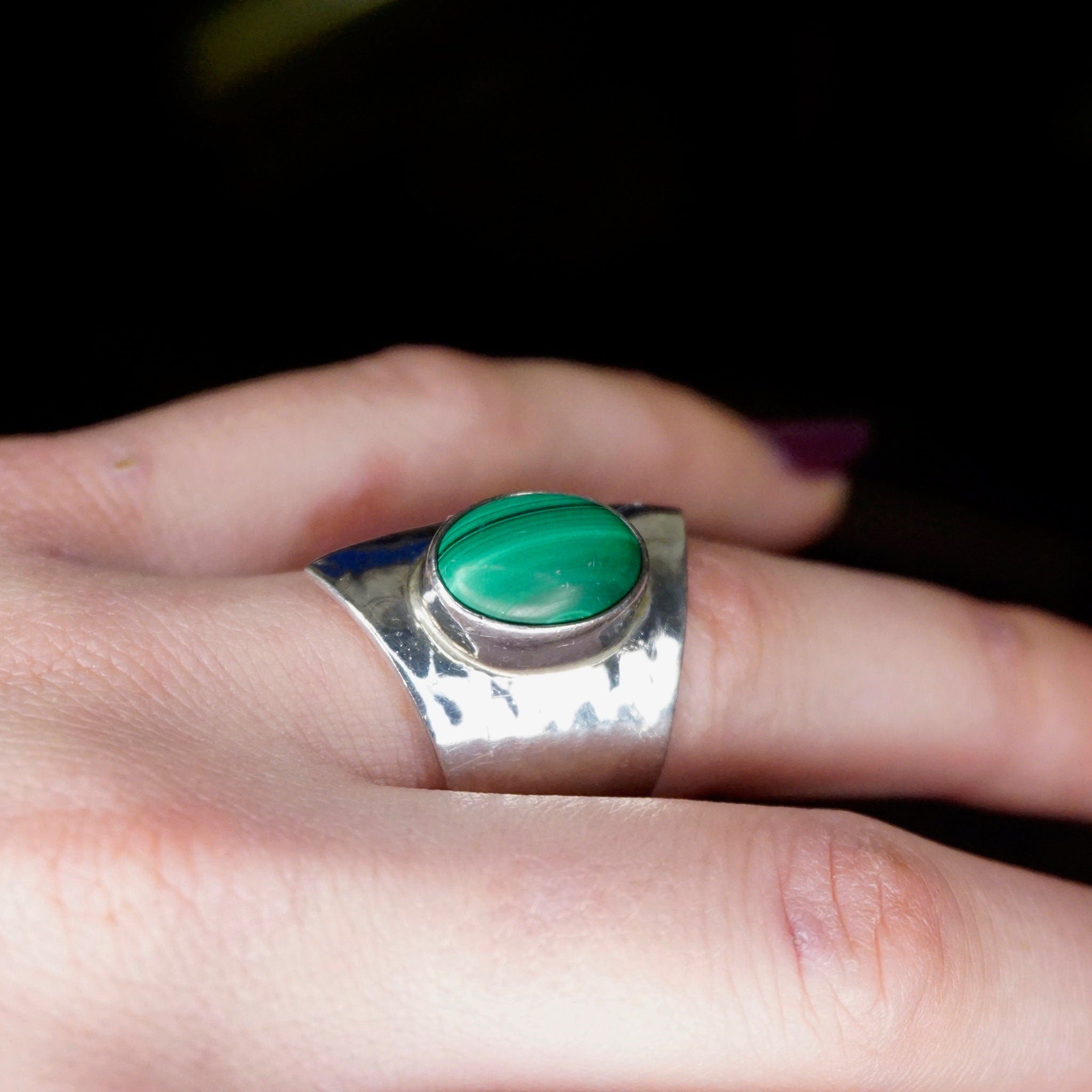 Vintage Sterling Silver Malachite Ring, Dominique Dinouart Designs, Hammered Silver Wrap Malachite Ring, Mexico 925 DDD Jewelry