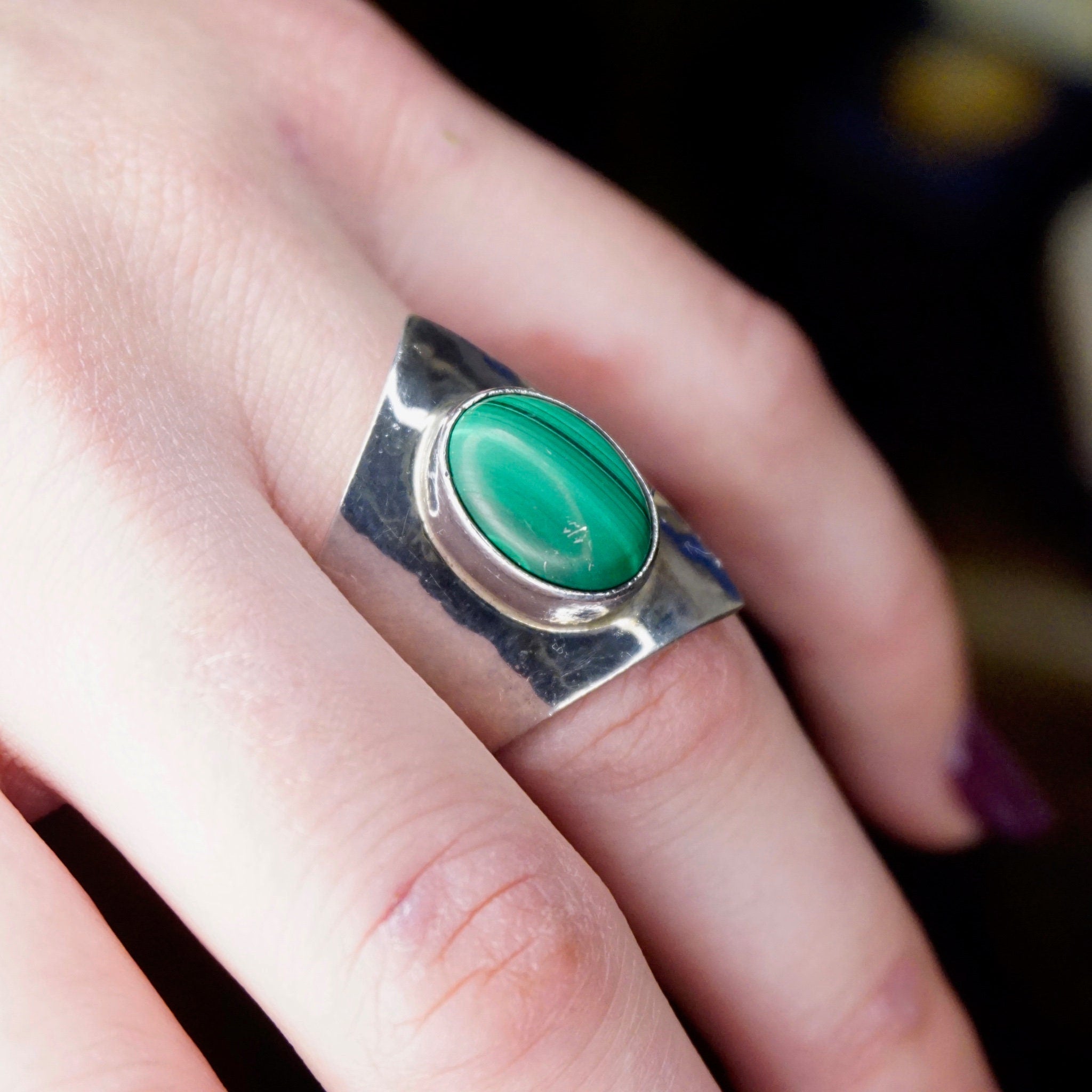 Vintage Sterling Silver Malachite Ring, Dominique Dinouart Designs, Hammered Silver Wrap Malachite Ring, Mexico 925 DDD Jewelry