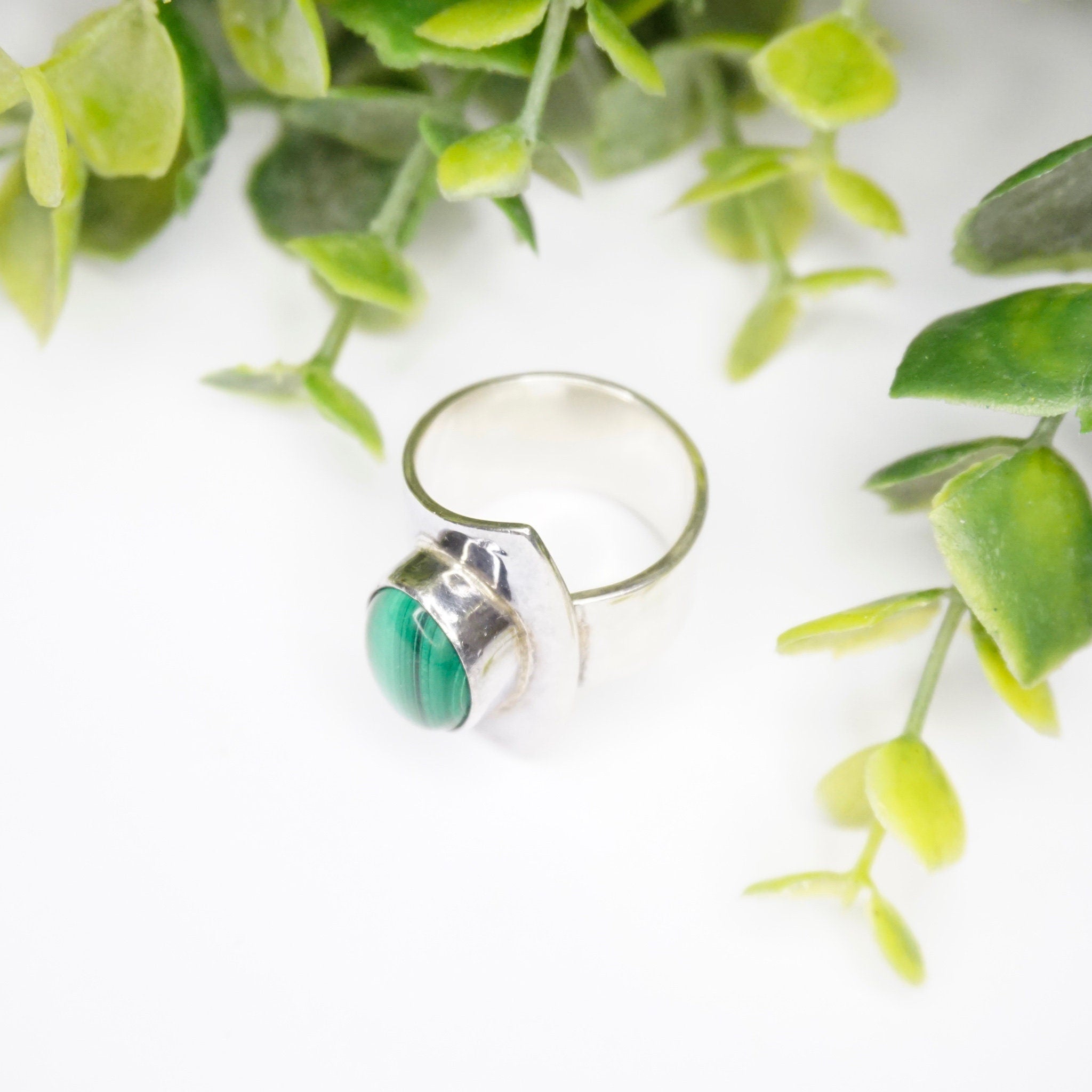 Vintage Sterling Silver Malachite Ring, Dominique Dinouart Designs, Hammered Silver Wrap Malachite Ring, Mexico 925 DDD Jewelry
