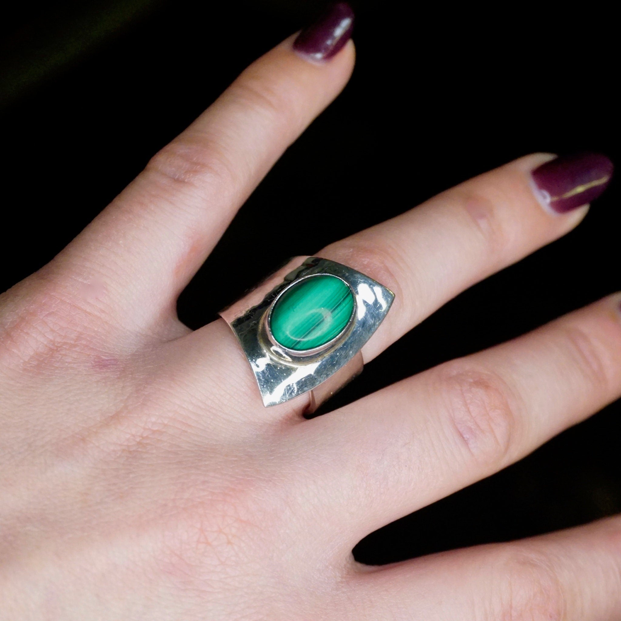 Vintage Sterling Silver Malachite Ring, Dominique Dinouart Designs, Hammered Silver Wrap Malachite Ring, Mexico 925 DDD Jewelry