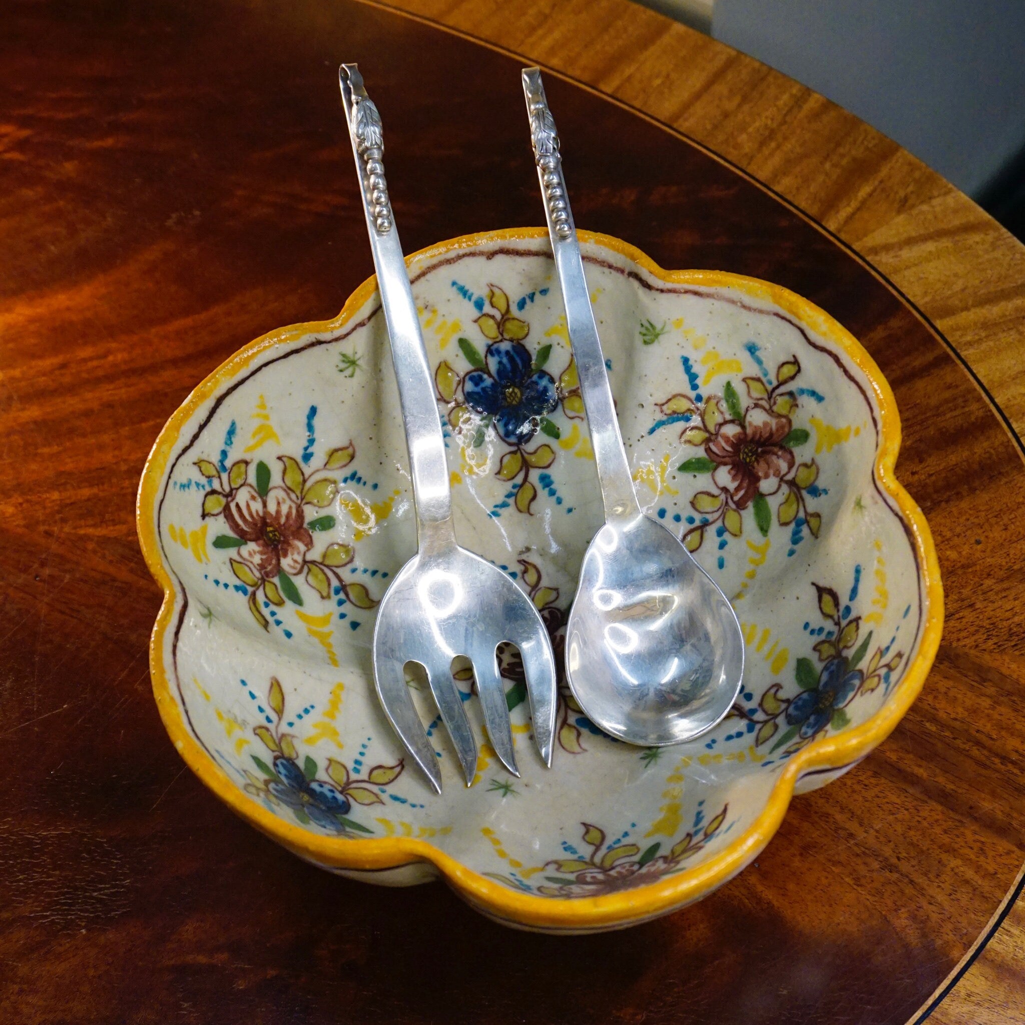 Vintage F. Ramirez Sterling Silver Salad Serving Utensils, Mid Century Silver Serving Fork and Spoon With Blossom Design, Hallmarked Silver