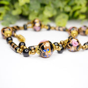 Vintage Wedding Cake Bead Necklace, Italian Venetian Murano Black Glass Bead Necklace, Pink Rose Wedding Cake Necklace, Beaded Jewelry
