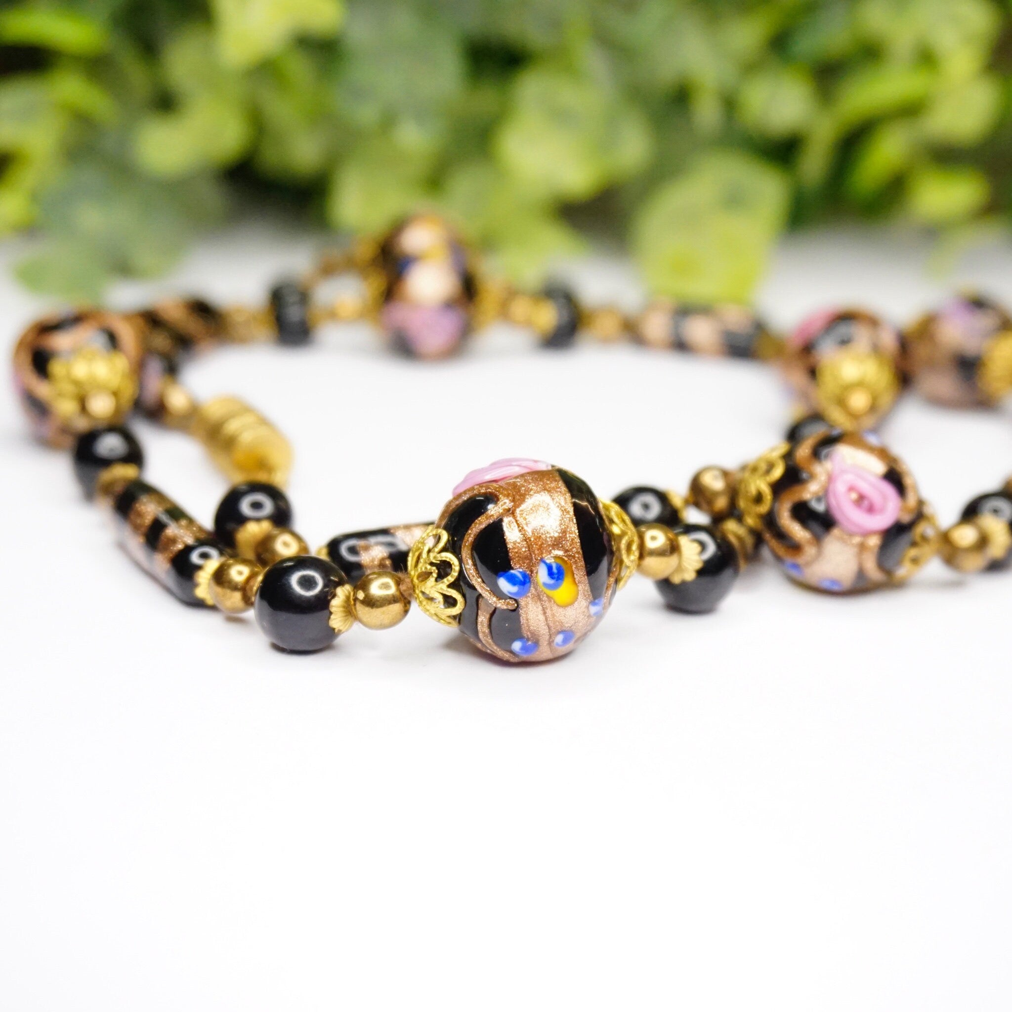 Vintage Wedding Cake Bead Necklace, Italian Venetian Murano Black Glass Bead Necklace, Pink Rose Wedding Cake Necklace, Beaded Jewelry