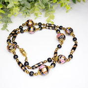 Vintage Wedding Cake Bead Necklace, Italian Venetian Murano Black Glass Bead Necklace, Pink Rose Wedding Cake Necklace, Beaded Jewelry