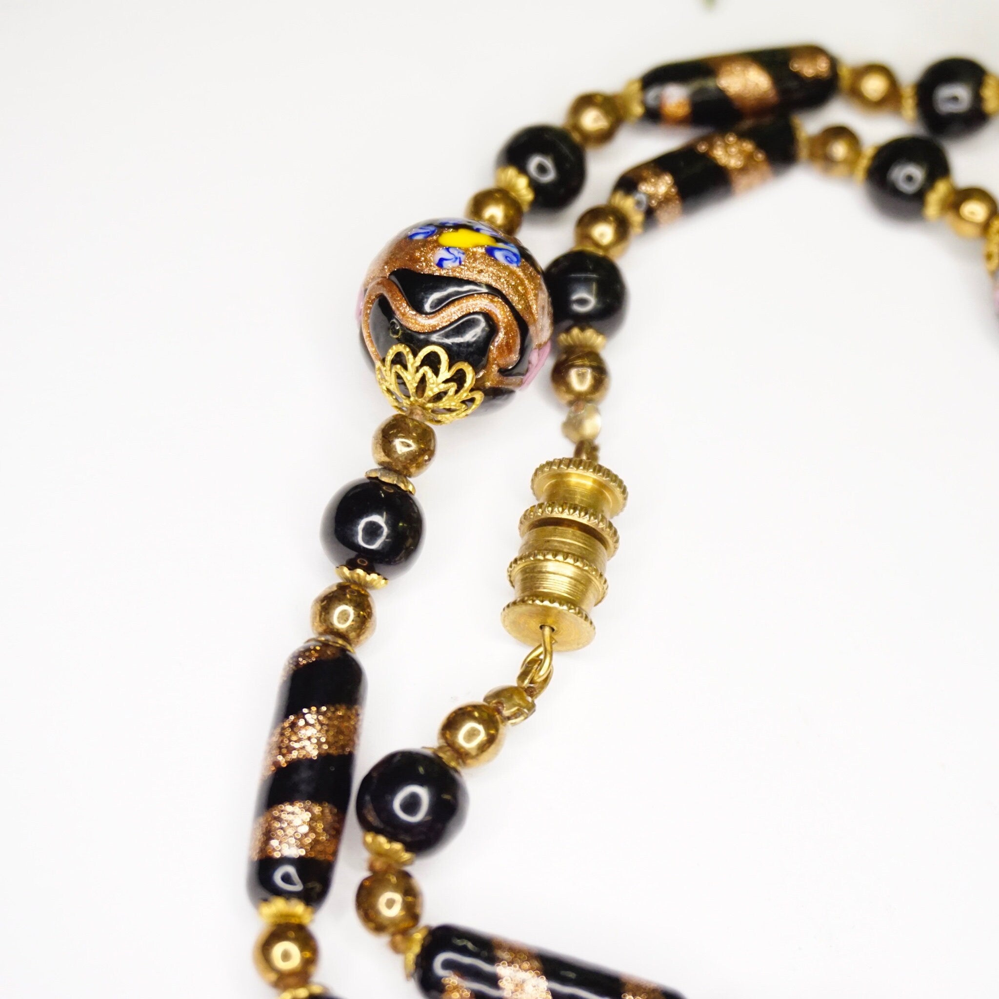 Vintage Wedding Cake Bead Necklace, Italian Venetian Murano Black Glass Bead Necklace, Pink Rose Wedding Cake Necklace, Beaded Jewelry