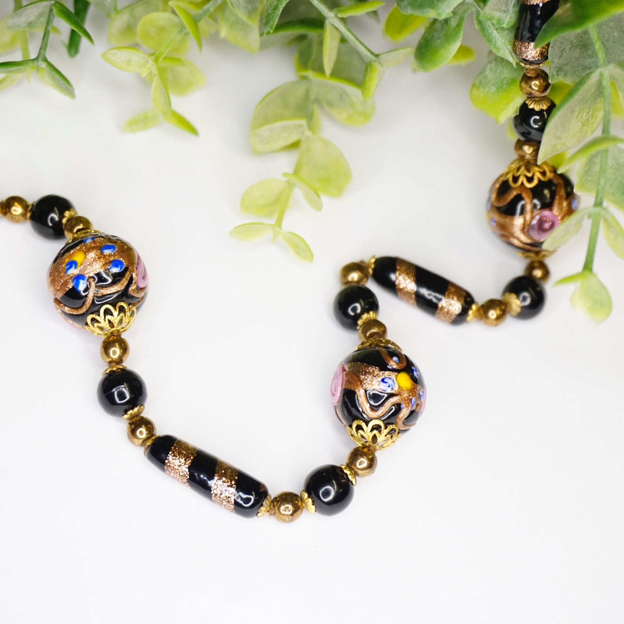 Vintage Wedding Cake Bead Necklace, Italian Venetian Murano Black Glass Bead Necklace, Pink Rose Wedding Cake Necklace, Beaded Jewelry