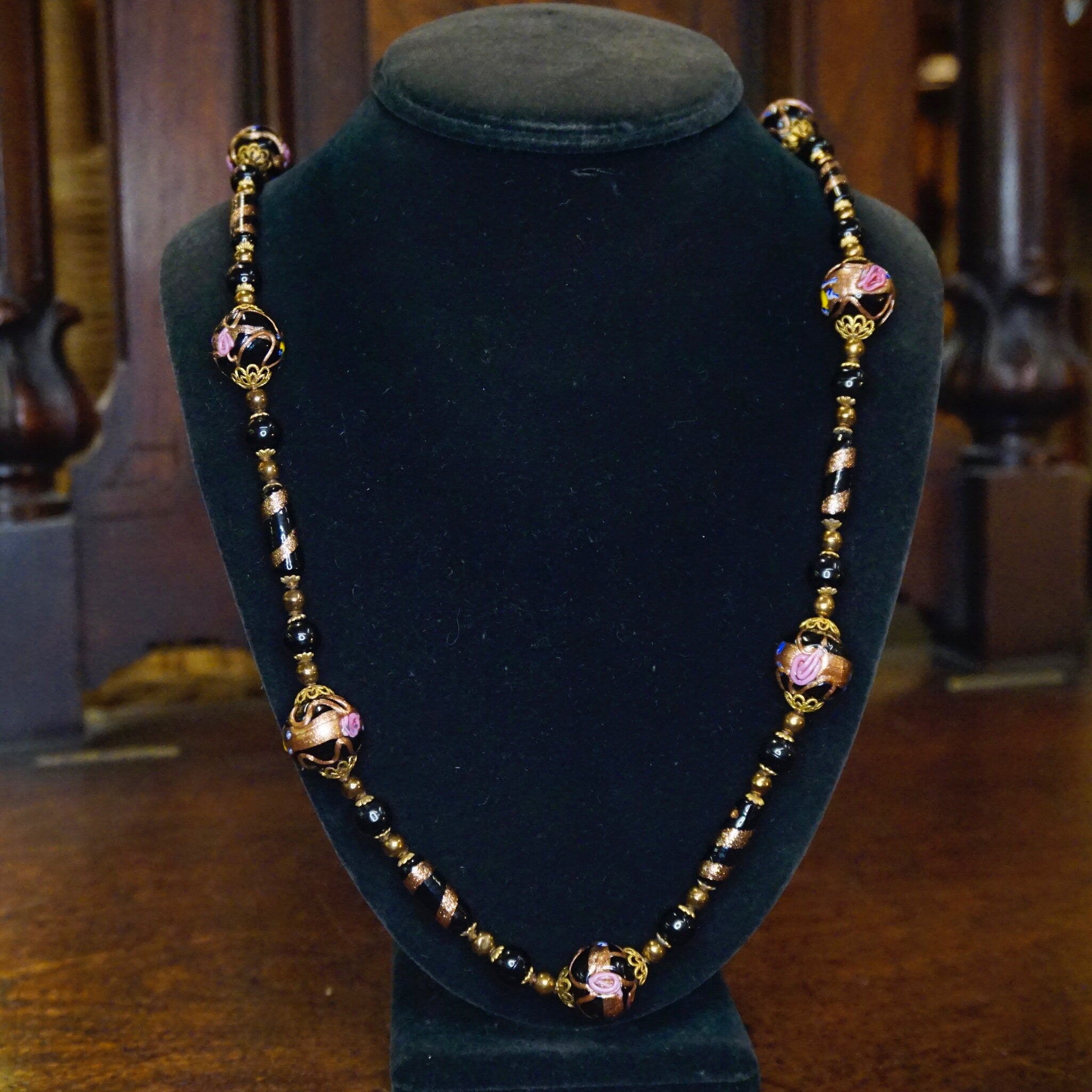 Vintage Wedding Cake Bead Necklace, Italian Venetian Murano Black Glass Bead Necklace, Pink Rose Wedding Cake Necklace, Beaded Jewelry