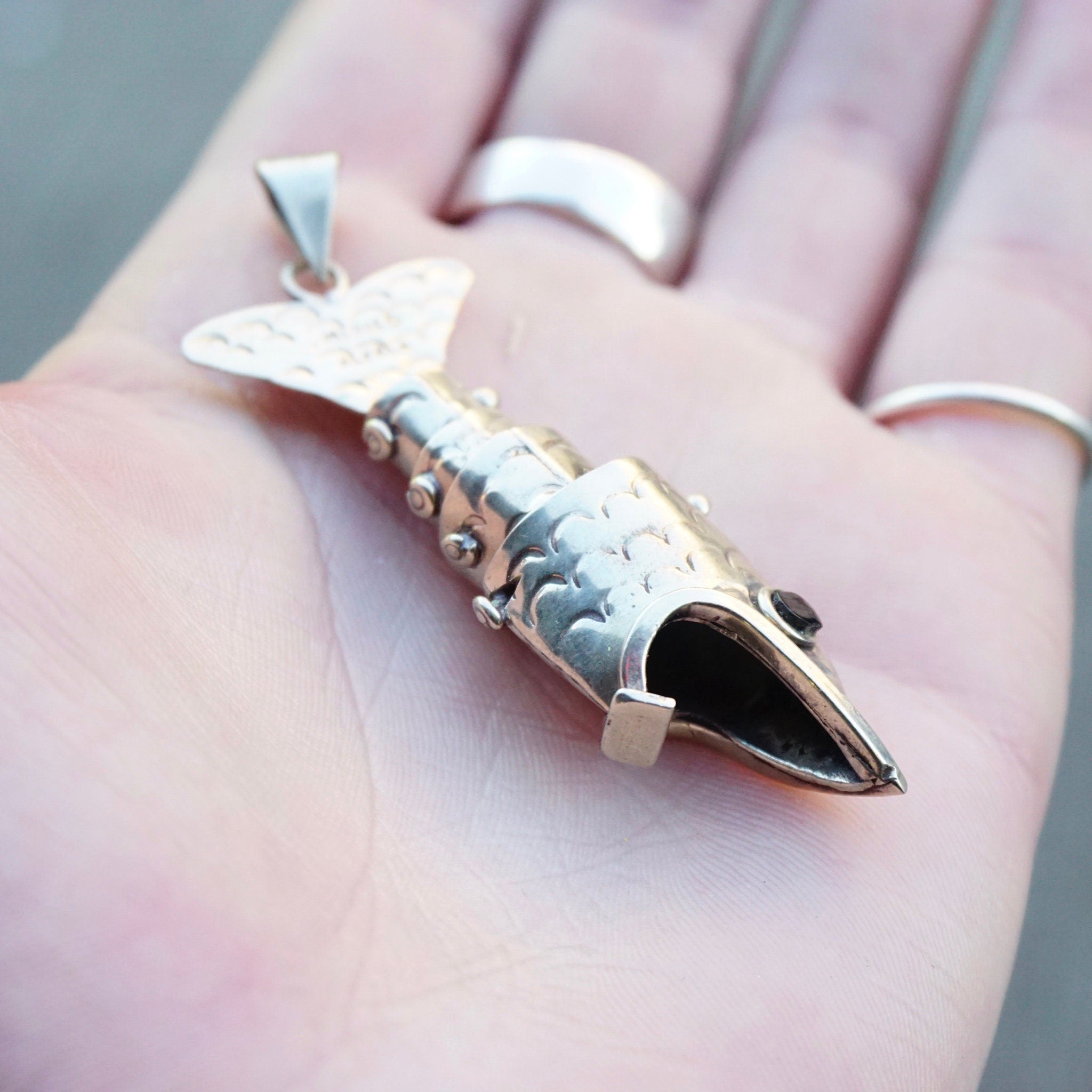 Vintage Articulated Silver Fish Pendant, Mexican Alpaca Silver Fish Necklace Pendant, Unique Silver Pendant With Moveable Parts