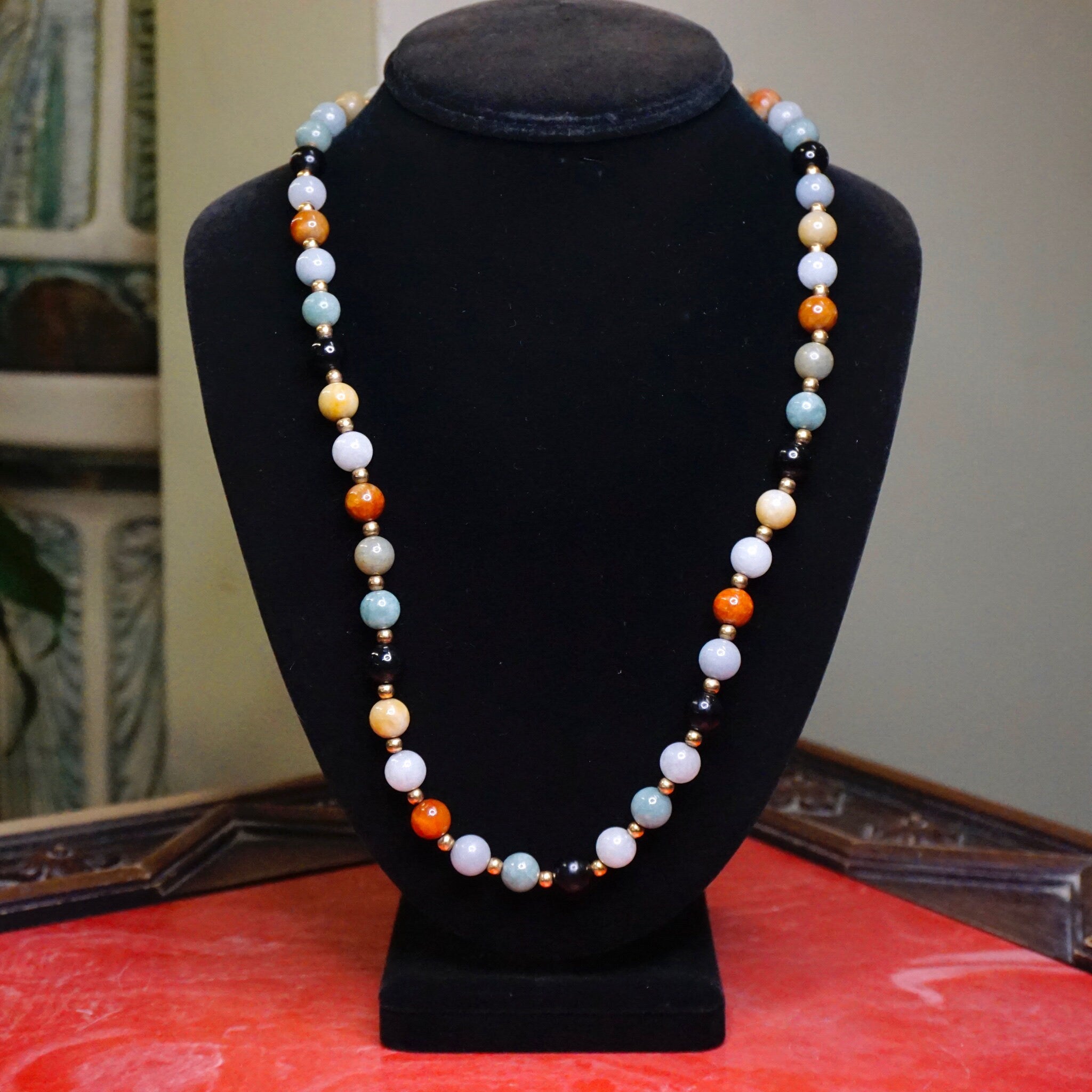 Vintage 14K Gold Jade Bead Necklace, Multi-Color Jade Necklace, Chinese Gold and Jade Bead Necklace, Nephrite Jade, 585 Jewelry
