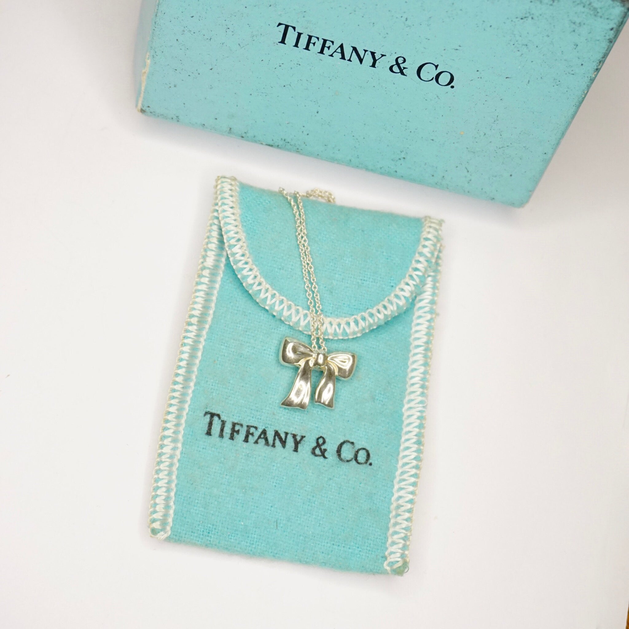 Vintage Tiffany & Co. Silver Ribbon Bow Pendant Necklace, Sterling Silver 1990 Tiffany and Co. Necklace With Original Bag and Box, 925