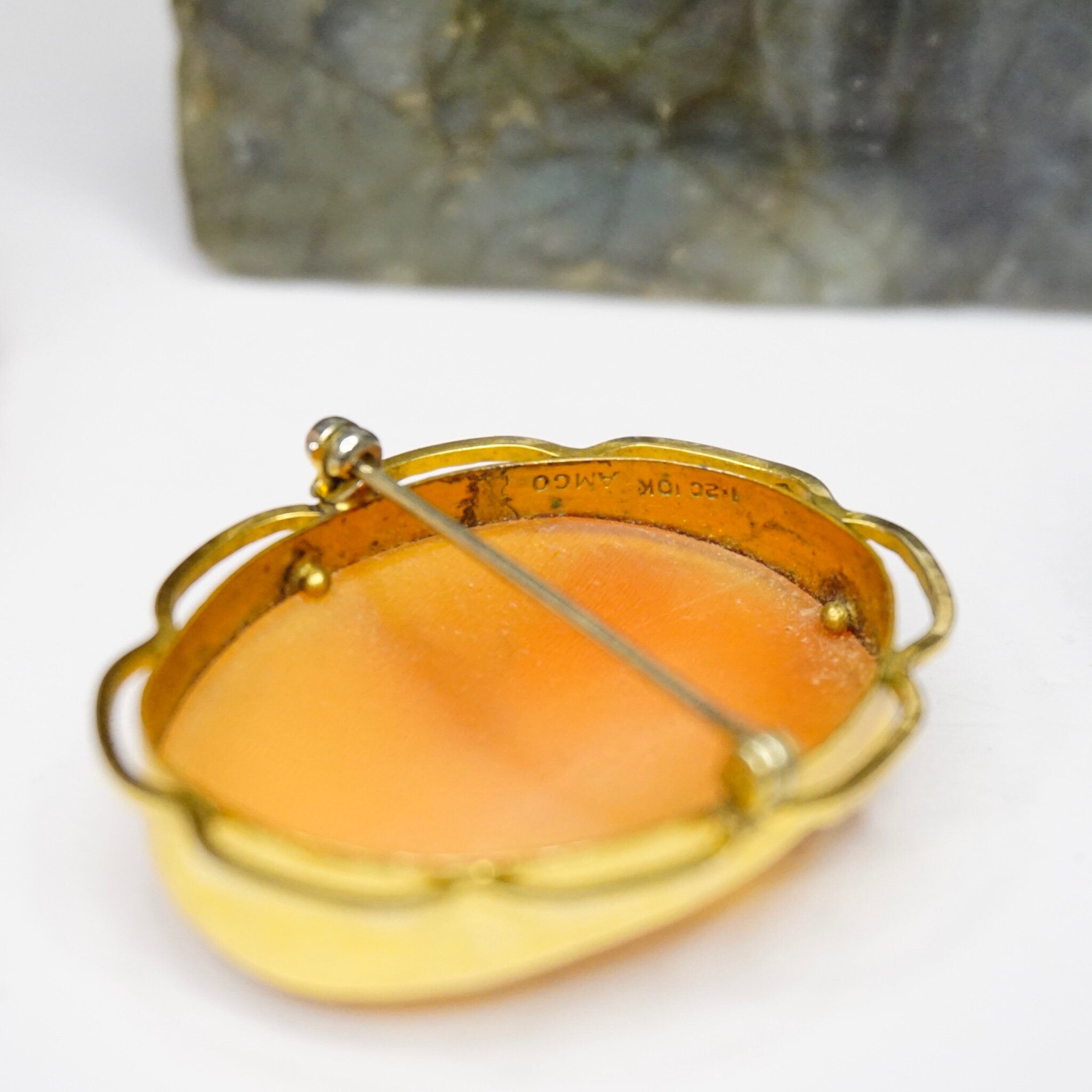 Vintage 10K Gold Filled Cameo Brooch, Beautiful Cameo With Detailed Carving Of A Women With Flowers, 1/20 10K AMCO Shell Cameo Brooch