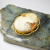 Vintage 10K Gold Filled Cameo Brooch, Beautiful Cameo With Detailed Carving Of A Women With Flowers, 1/20 10K AMCO Shell Cameo Brooch