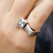 Vintage Sterling Silver Ring With Off Set Stone, Unique Silver Ring With Rectangle Face And Emerald Cut Glass, Small Silver Cut Out Ring