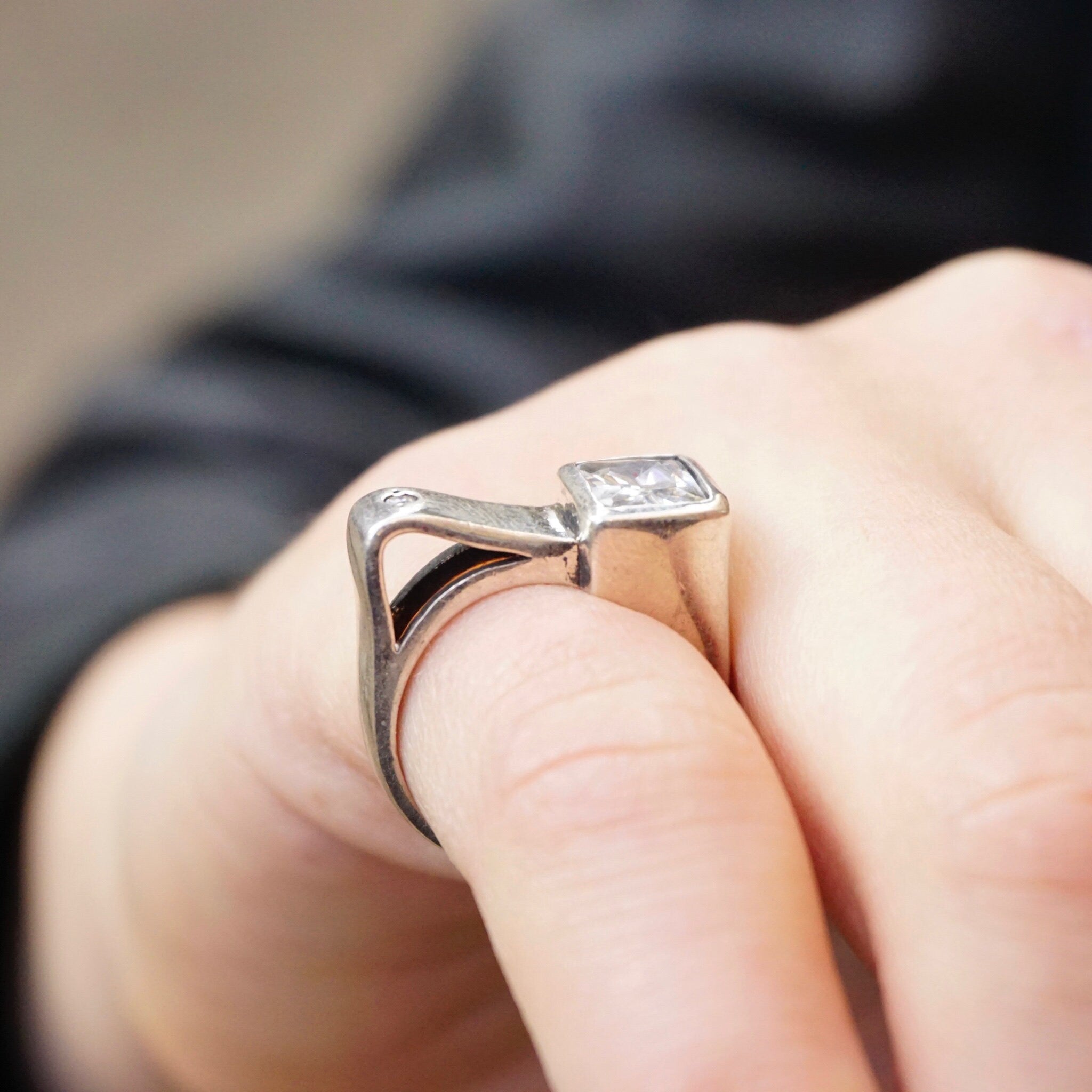 Vintage Sterling Silver Ring With Off Set Stone, Unique Silver Ring With Rectangle Face And Emerald Cut Glass, Small Silver Cut Out Ring