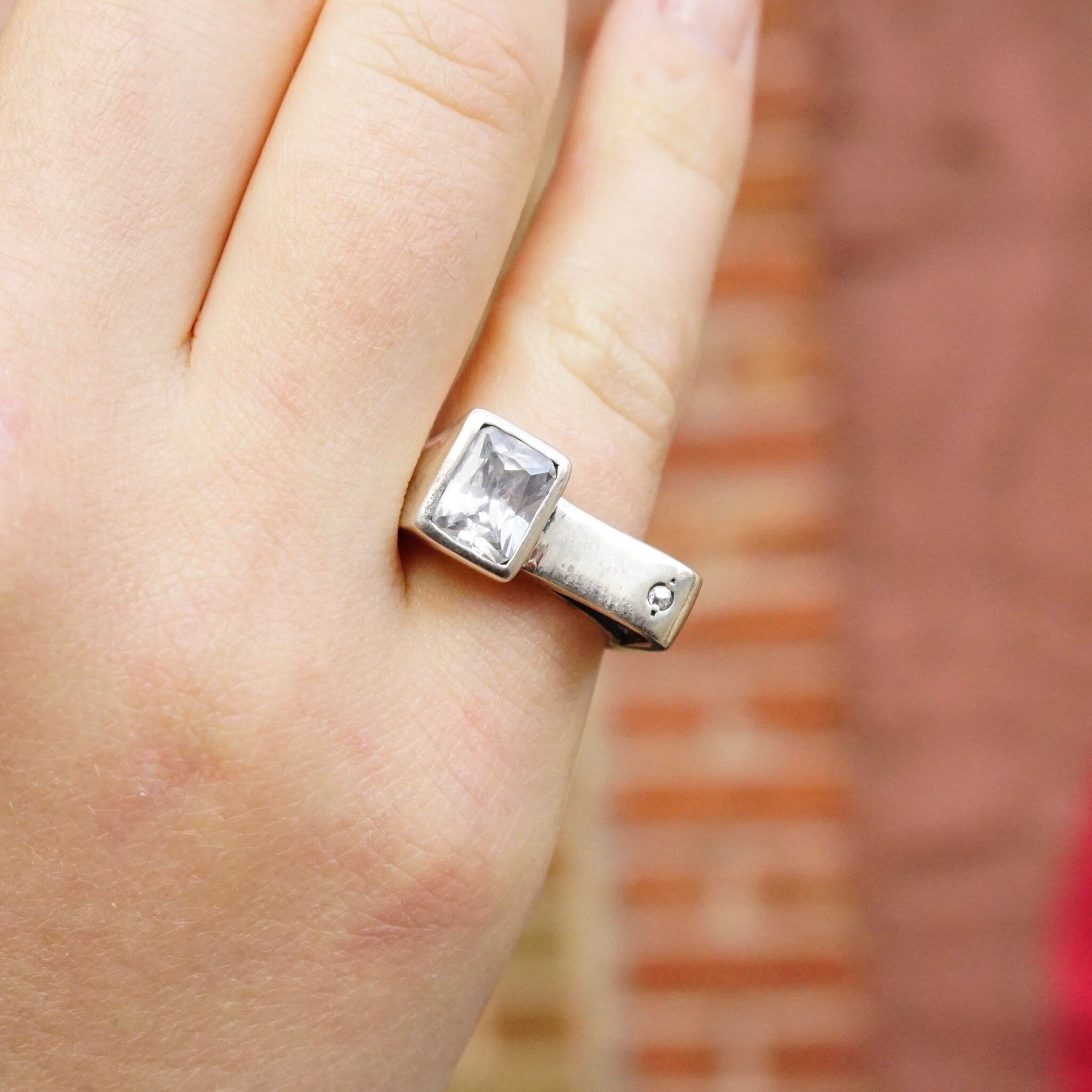 Vintage Sterling Silver Ring With Off Set Stone, Unique Silver Ring With Rectangle Face And Emerald Cut Glass, Small Silver Cut Out Ring