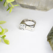 Vintage Sterling Silver Ring With Off Set Stone, Unique Silver Ring With Rectangle Face And Emerald Cut Glass, Small Silver Cut Out Ring