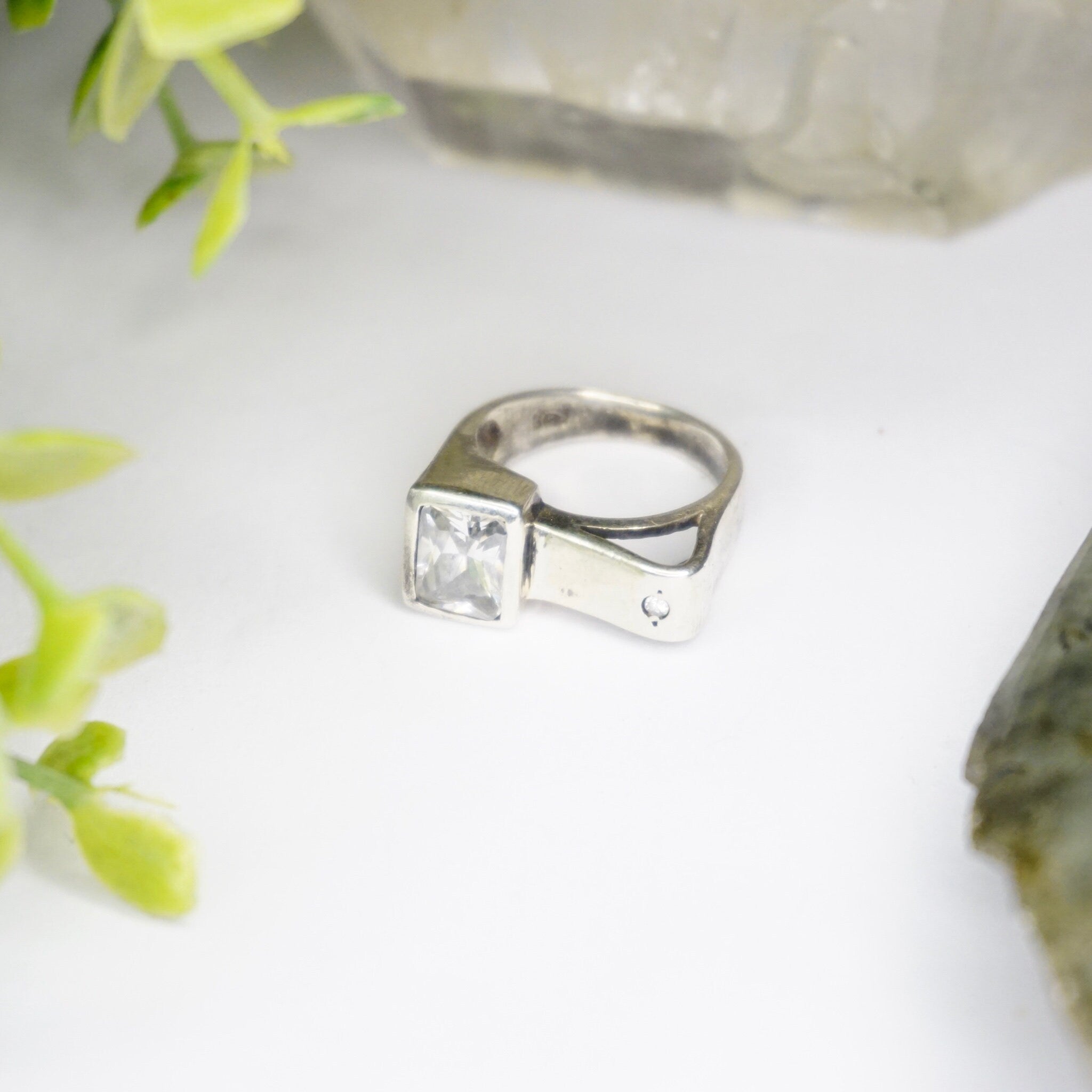Vintage Sterling Silver Ring With Off Set Stone, Unique Silver Ring With Rectangle Face And Emerald Cut Glass, Small Silver Cut Out Ring