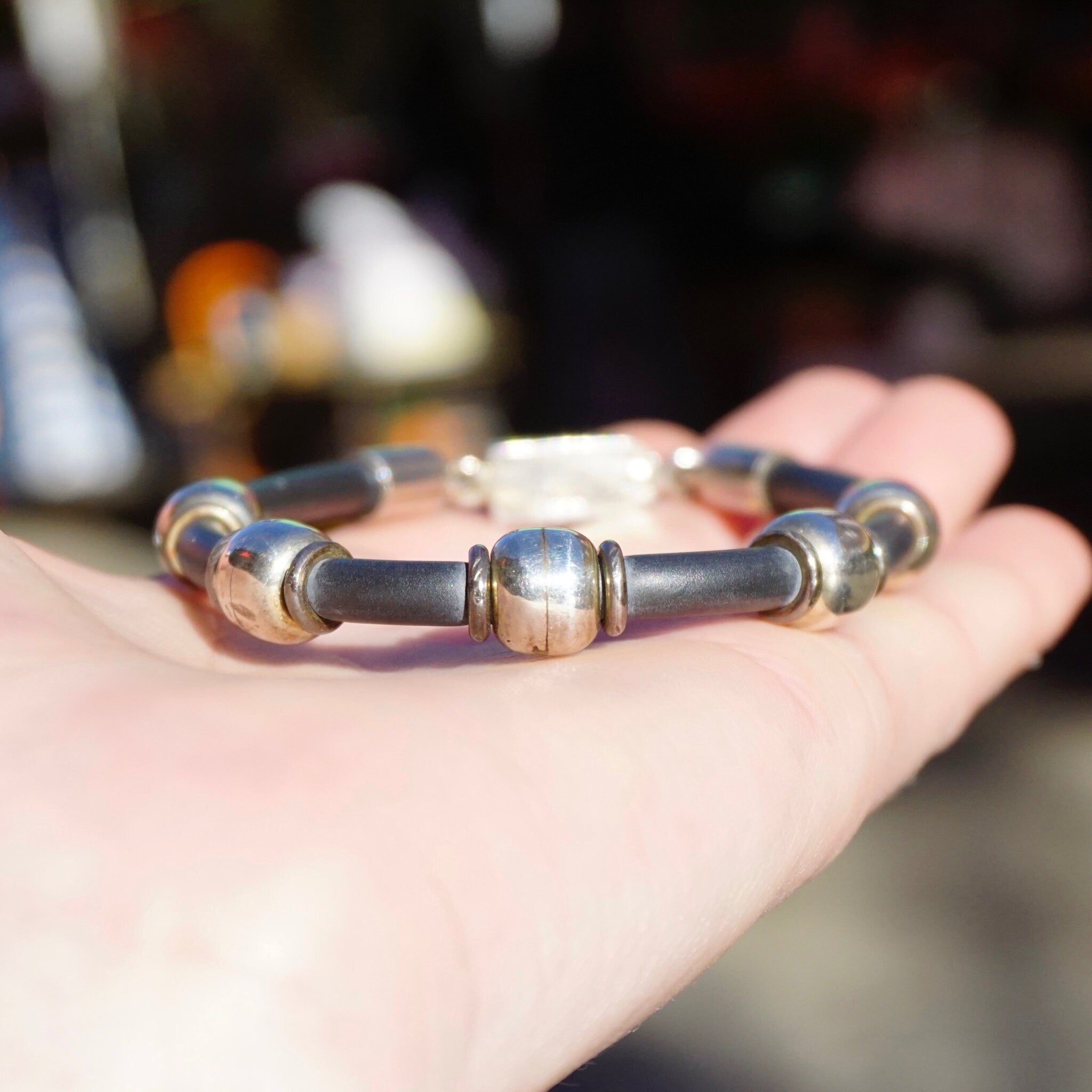 Vintage Sterling Silver and Leather Bracelet, TAXCO 925 Silver Bead Bracelet, Modernist Leather and Silver Bracelet, 925 Jewelry