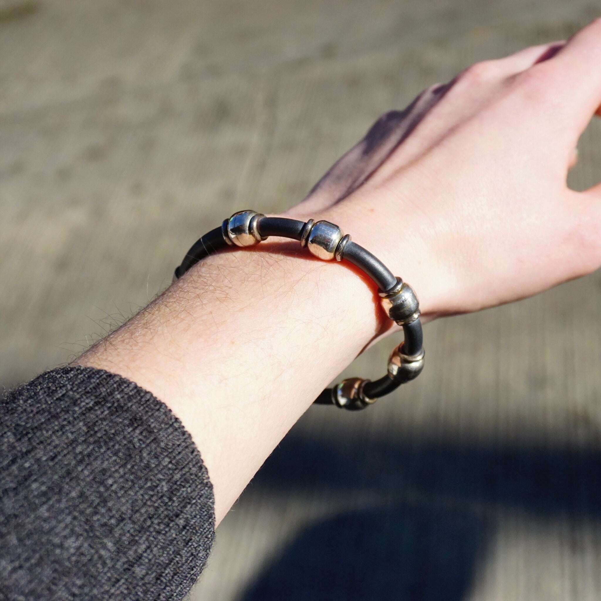Vintage Sterling Silver and Leather Bracelet, TAXCO 925 Silver Bead Bracelet, Modernist Leather and Silver Bracelet, 925 Jewelry