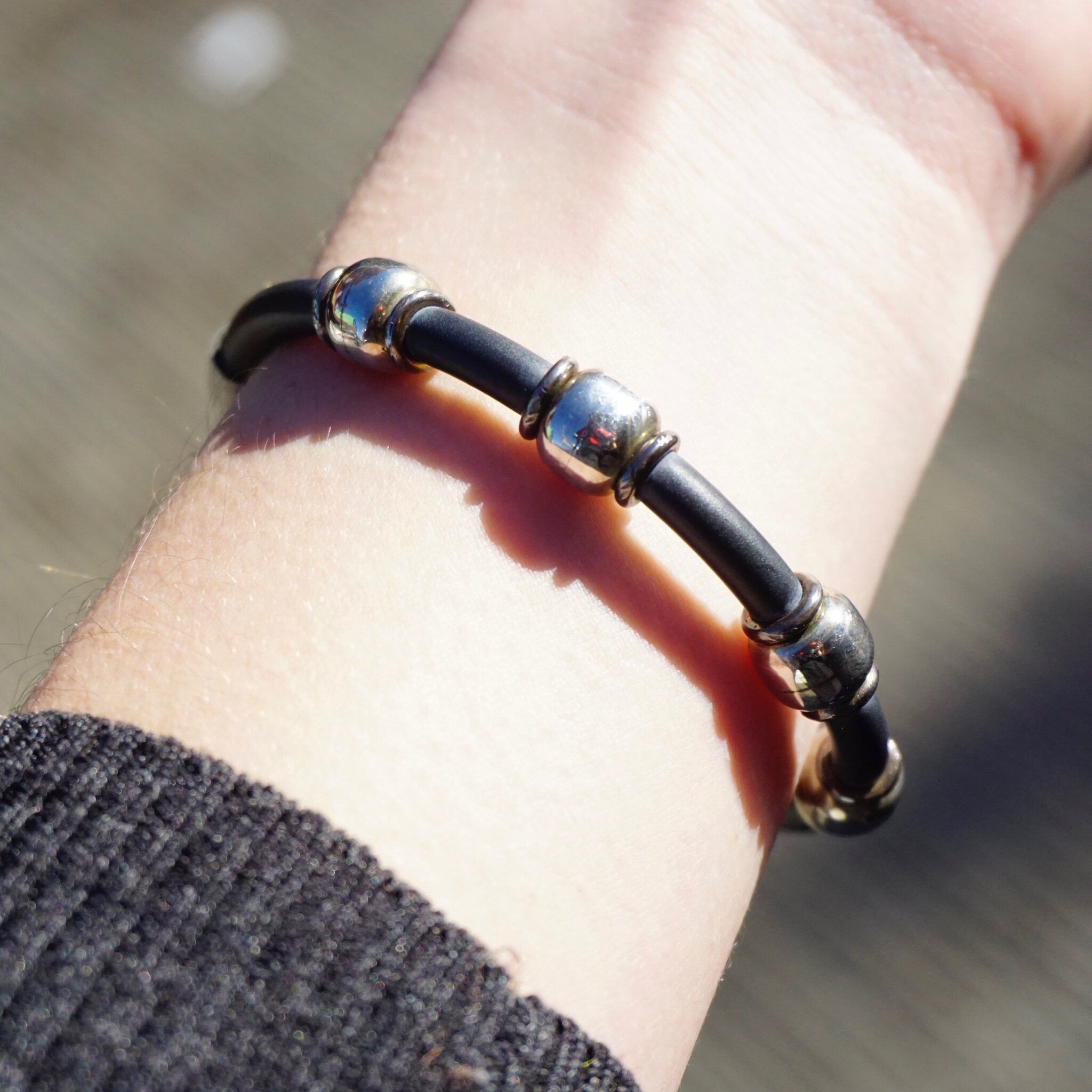 Vintage Sterling Silver and Leather Bracelet, TAXCO 925 Silver Bead Bracelet, Modernist Leather and Silver Bracelet, 925 Jewelry