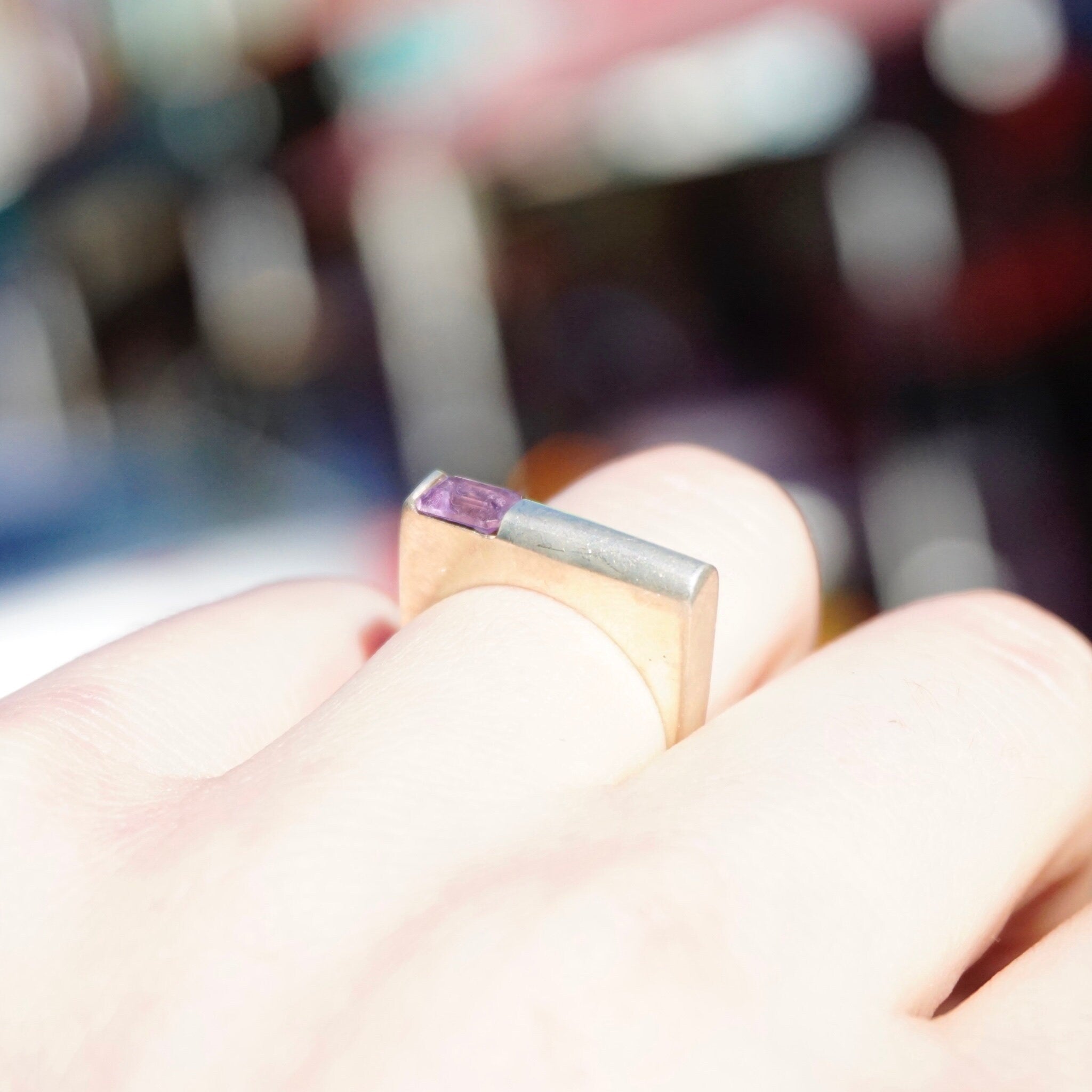 Vintage Sterling Silver Ring With Offset Gem, Modern Square Ring With Purple Stone, Unique Silver Ring With Emerald Cut Glass, 925 Jewelry