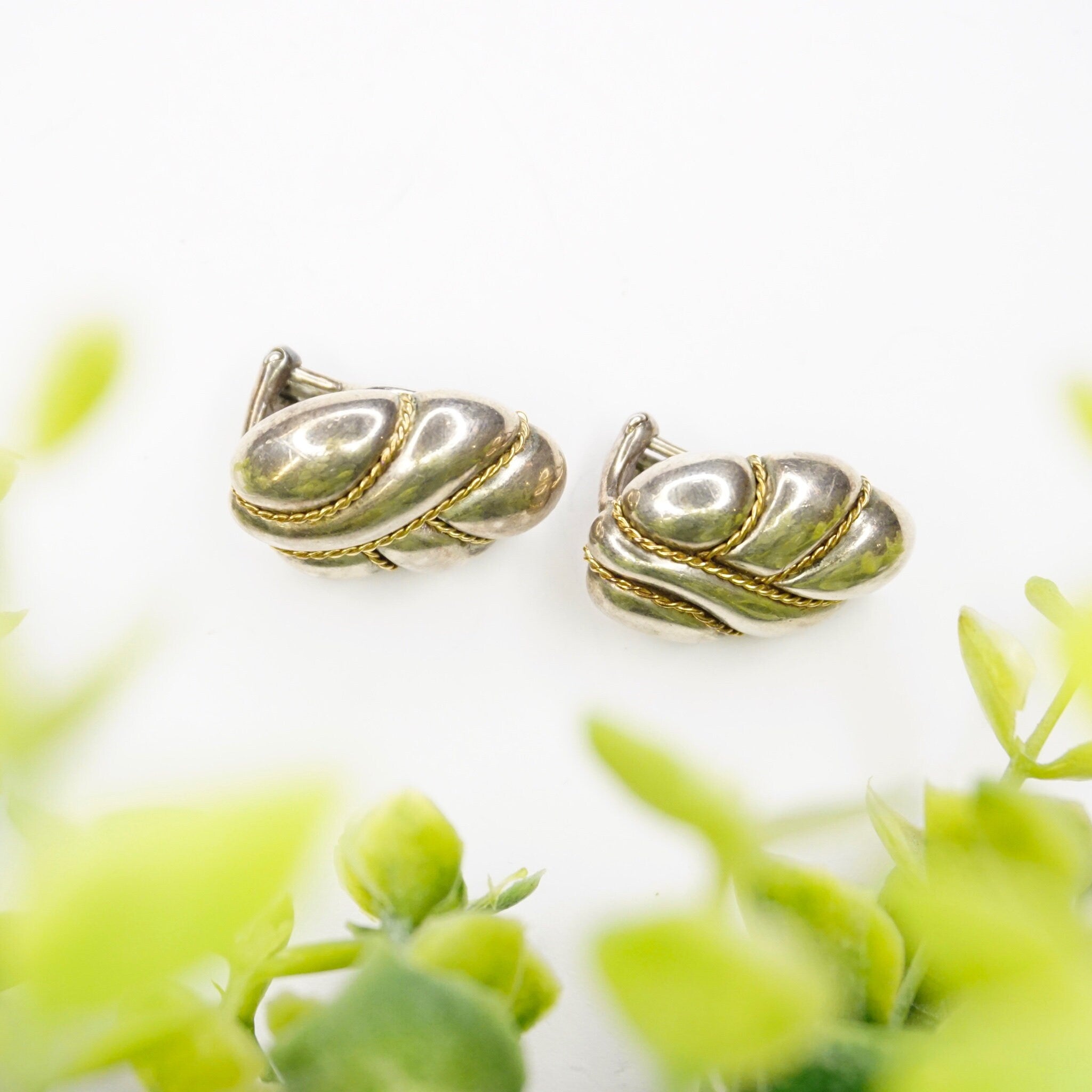 Vintage Sterling Silver 18K Gold Clip On Earrings, Signed Pazia Sterling 18K Earrings, Abstract Silver Earrings With Gold Details, 925