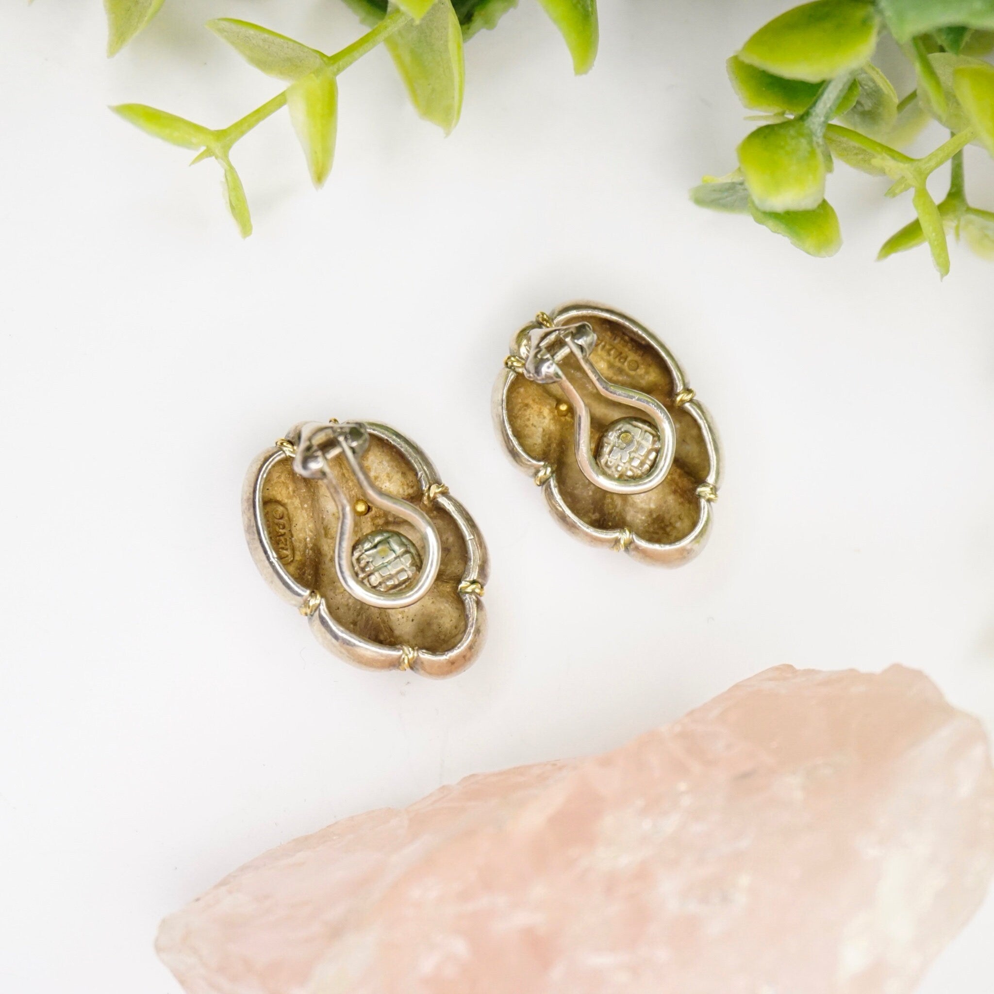 Vintage Sterling Silver 18K Gold Clip On Earrings, Signed Pazia Sterling 18K Earrings, Abstract Silver Earrings With Gold Details, 925