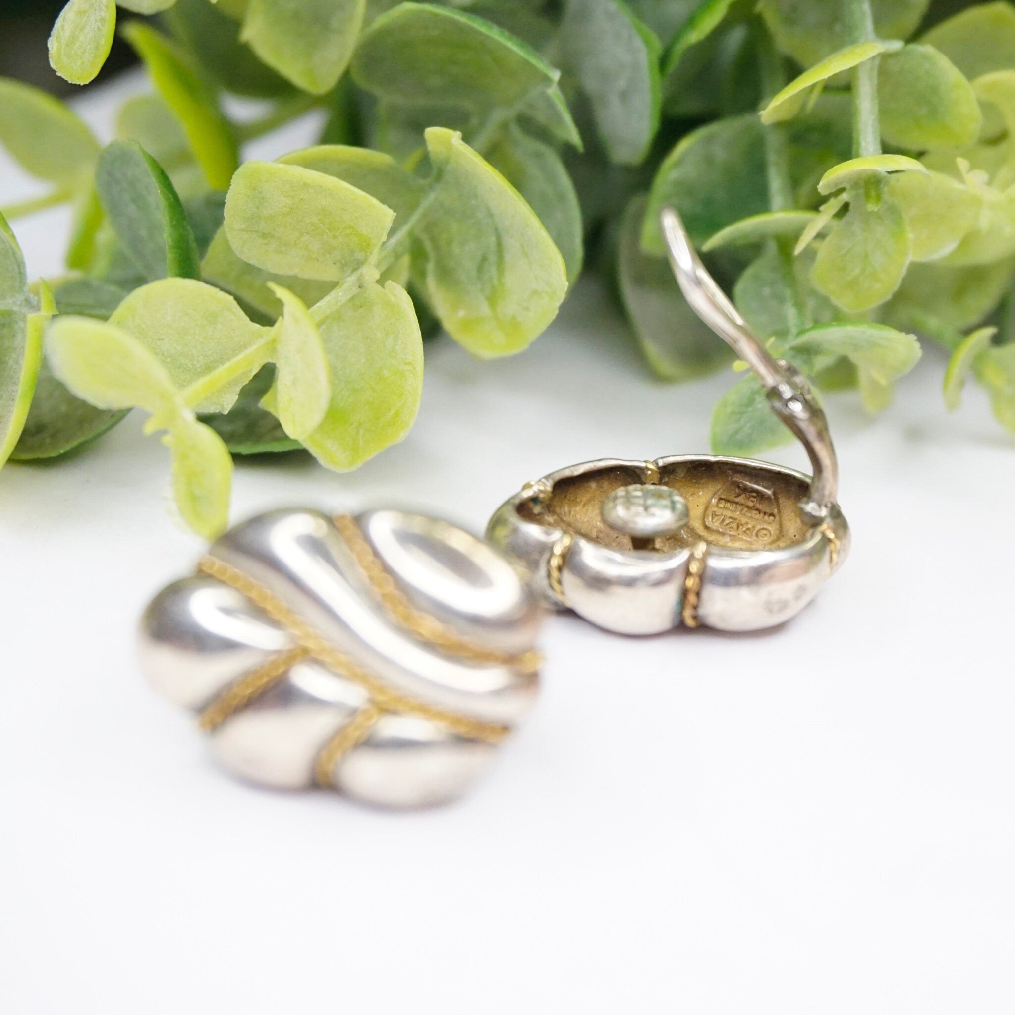 Vintage Sterling Silver 18K Gold Clip On Earrings, Signed Pazia Sterling 18K Earrings, Abstract Silver Earrings With Gold Details, 925