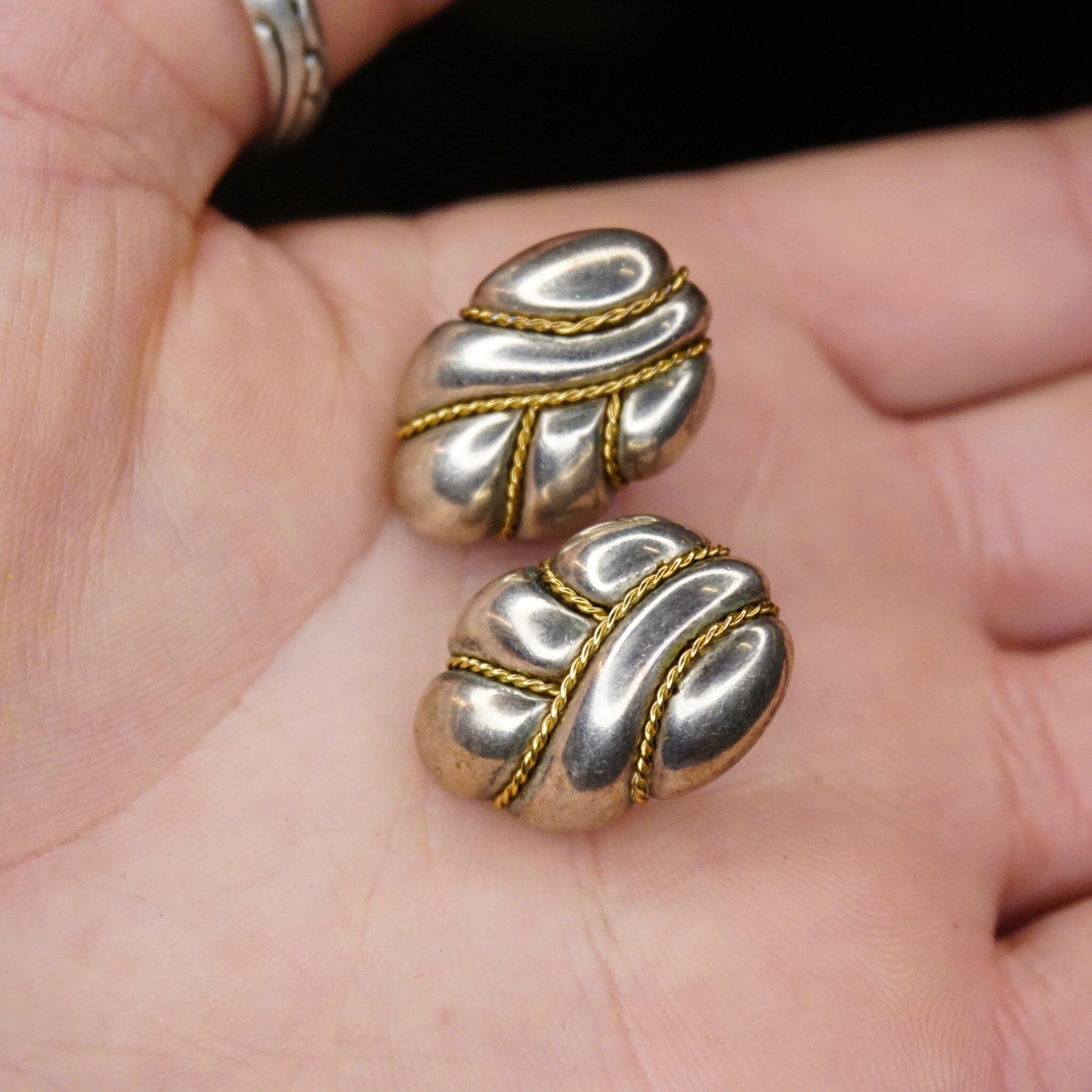 Vintage Sterling Silver 18K Gold Clip On Earrings, Signed Pazia Sterling 18K Earrings, Abstract Silver Earrings With Gold Details, 925