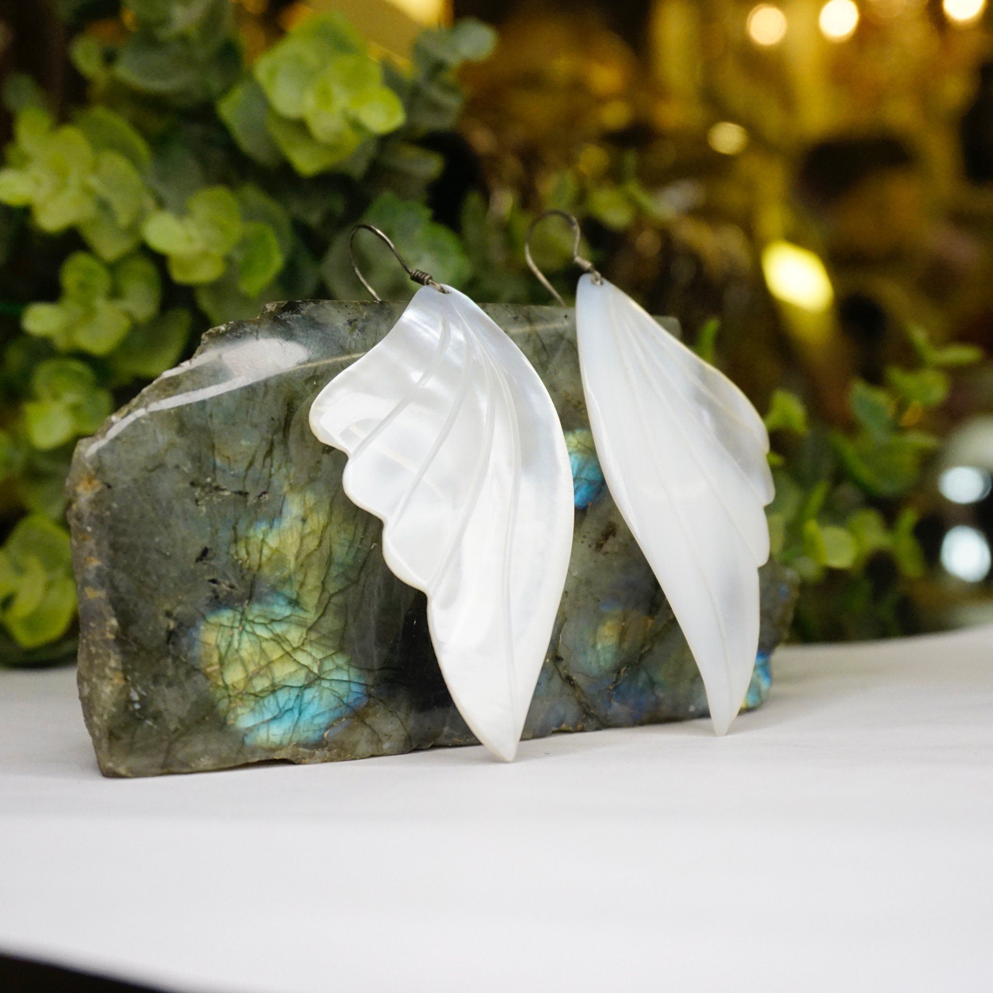 Vintage Mother Of Pearl Angel Wing Earrings, Beautiful Silver Dangle Earrings With Iridescent Shell, White Angel Wing Earrings, 925 Jewelry