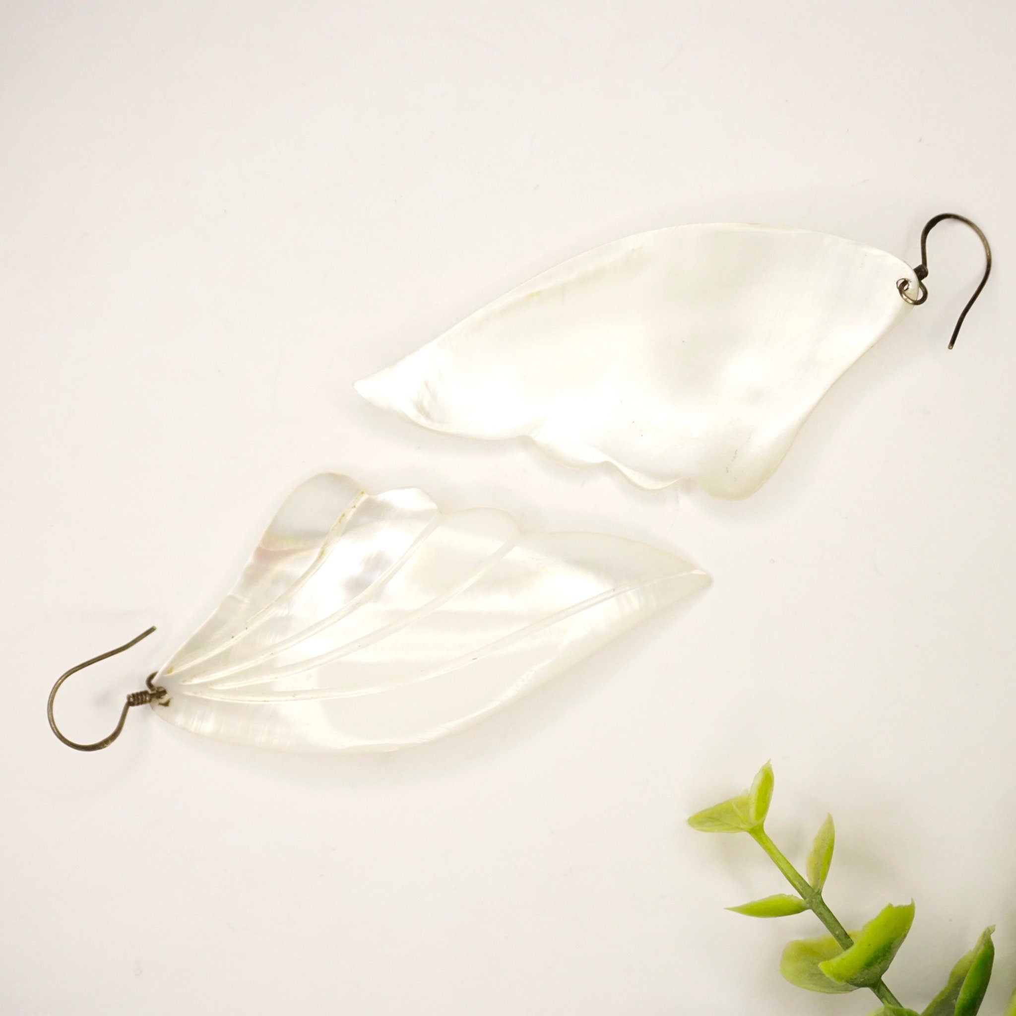 Vintage Mother Of Pearl Angel Wing Earrings, Beautiful Silver Dangle Earrings With Iridescent Shell, White Angel Wing Earrings, 925 Jewelry
