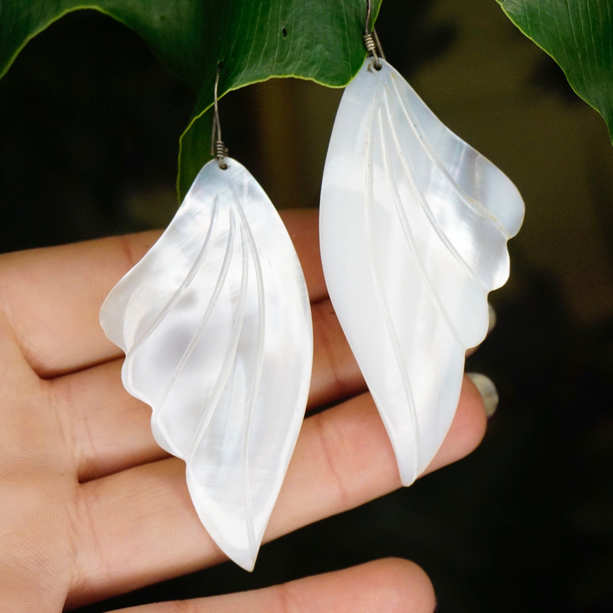 Vintage Mother Of Pearl Angel Wing Earrings, Beautiful Silver Dangle Earrings With Iridescent Shell, White Angel Wing Earrings, 925 Jewelry