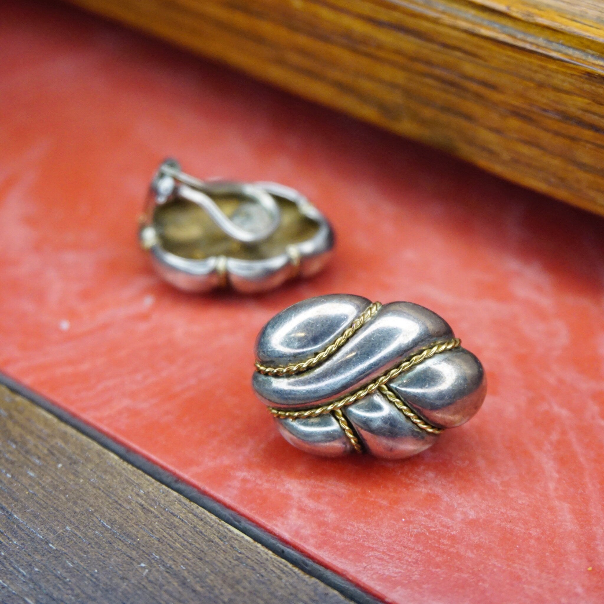 Vintage Sterling Silver 18K Gold Clip On Earrings, Signed Pazia Sterling 18K Earrings, Abstract Silver Earrings With Gold Details, 925