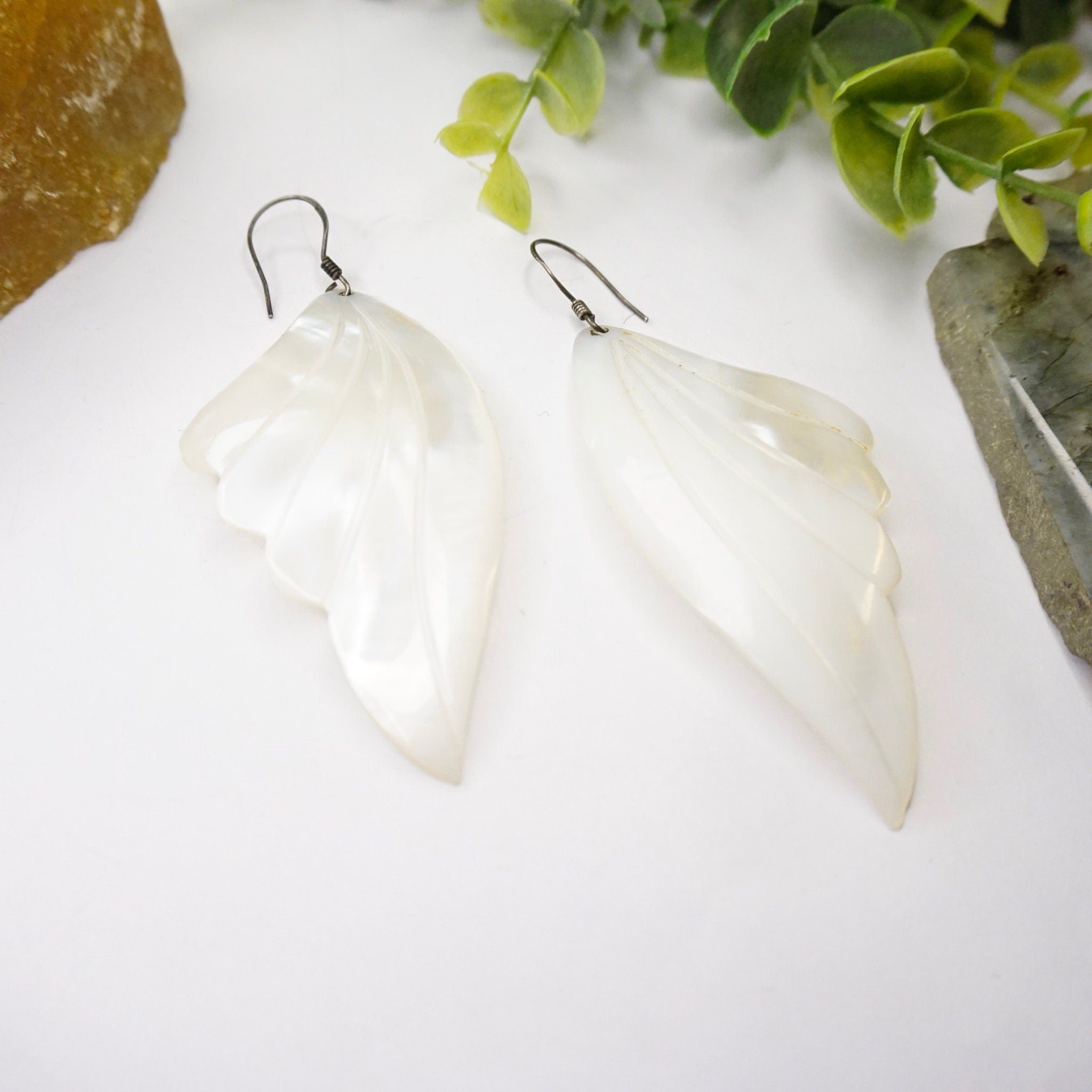 Vintage Mother Of Pearl Angel Wing Earrings, Beautiful Silver Dangle Earrings With Iridescent Shell, White Angel Wing Earrings, 925 Jewelry