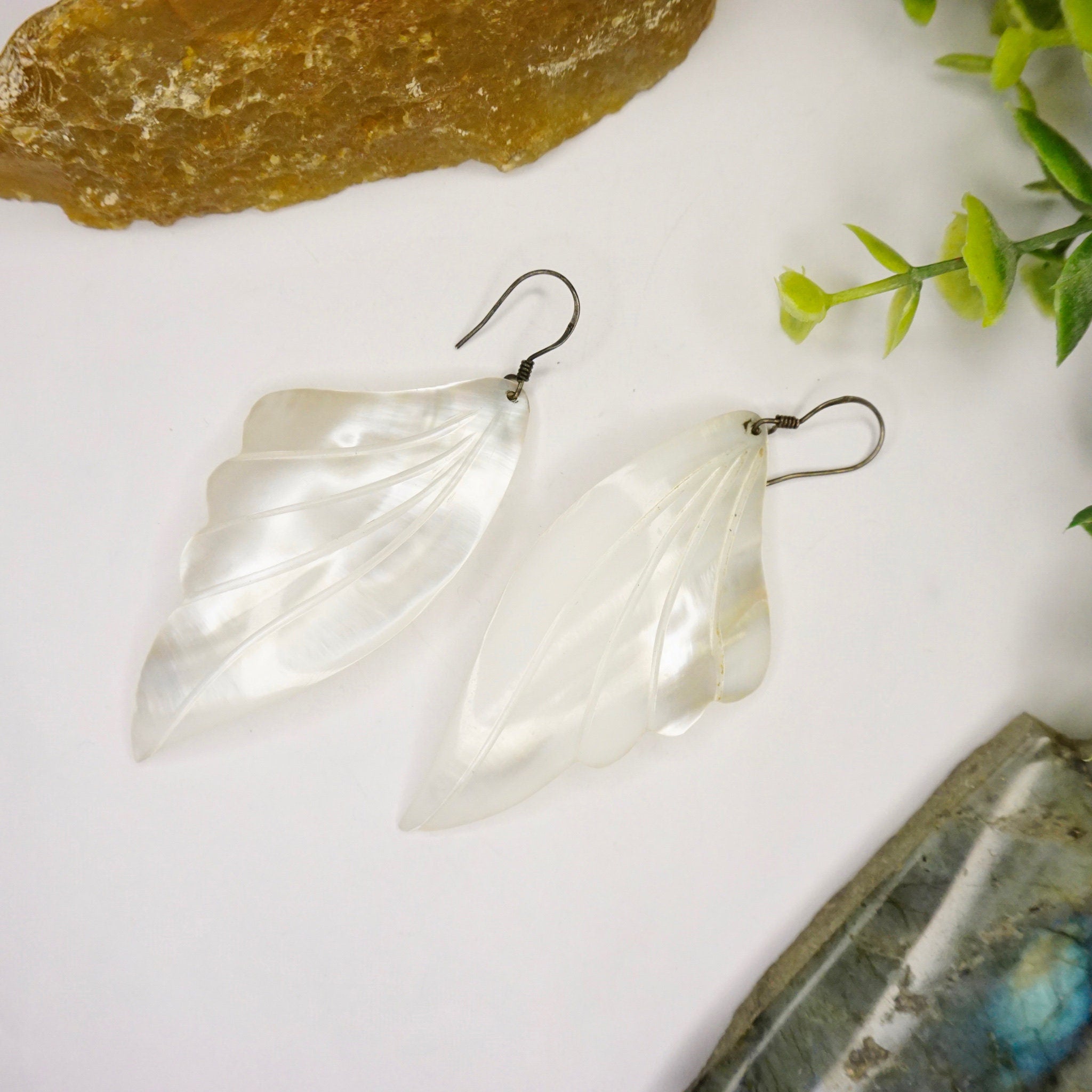 Vintage Mother Of Pearl Angel Wing Earrings, Beautiful Silver Dangle Earrings With Iridescent Shell, White Angel Wing Earrings, 925 Jewelry