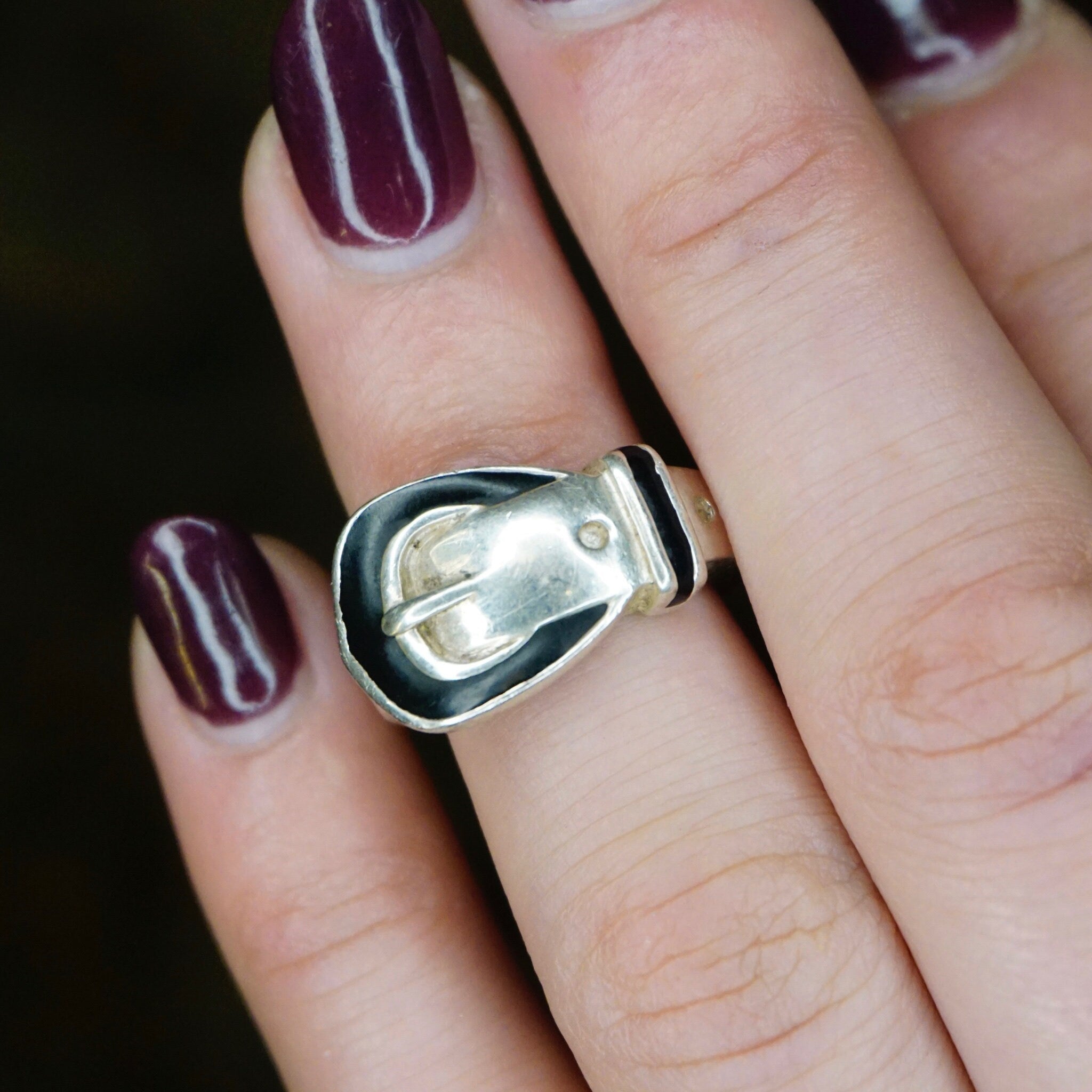 Vintage Sterling Silver Belt Buckle Ring, Petite Silver and Black Belt Buckle Ring, JCM 925 Buckle Ring, Funky Silver Ring, 925 Jewelry