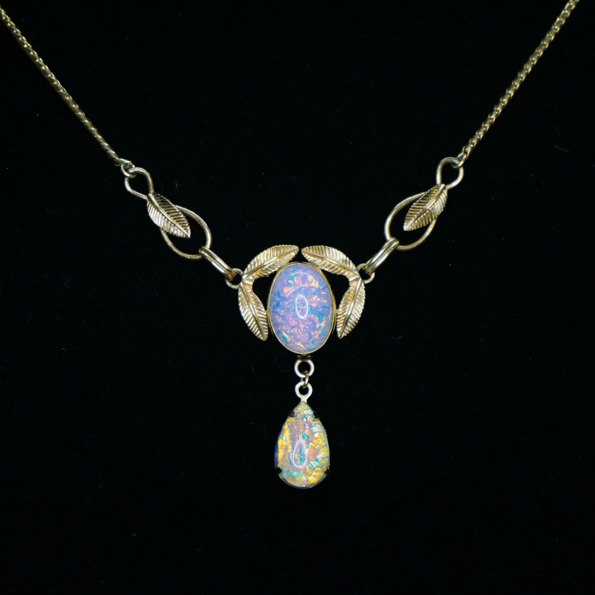 Vintage Van Dell 12K Gold Filled Opal Choker Necklace, Beautiful Dragons Breath Art Glass Necklace, Opalescent Stone Choker With Gold Leafs