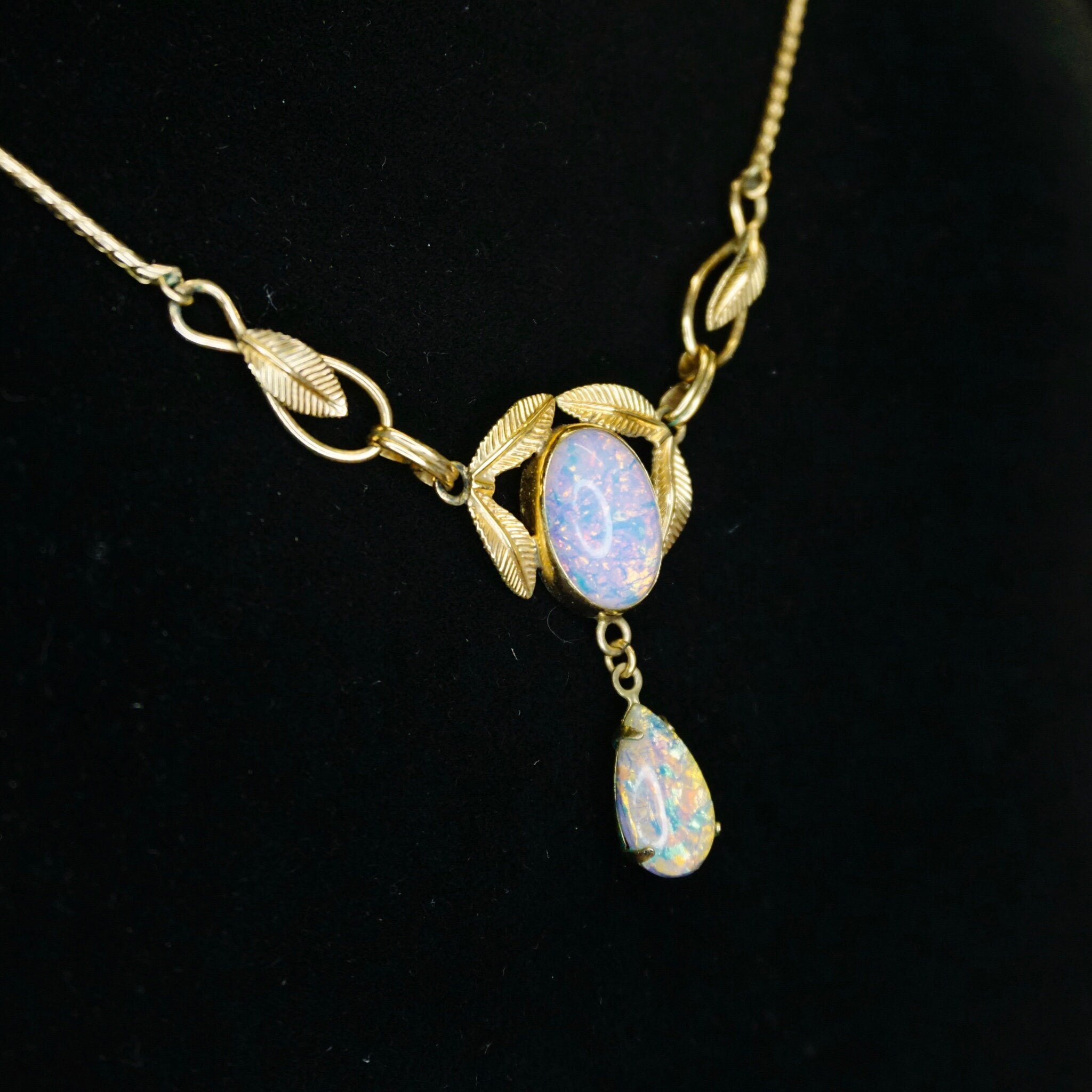 Vintage Van Dell 12K Gold Filled Opal Choker Necklace, Beautiful Dragons Breath Art Glass Necklace, Opalescent Stone Choker With Gold Leafs