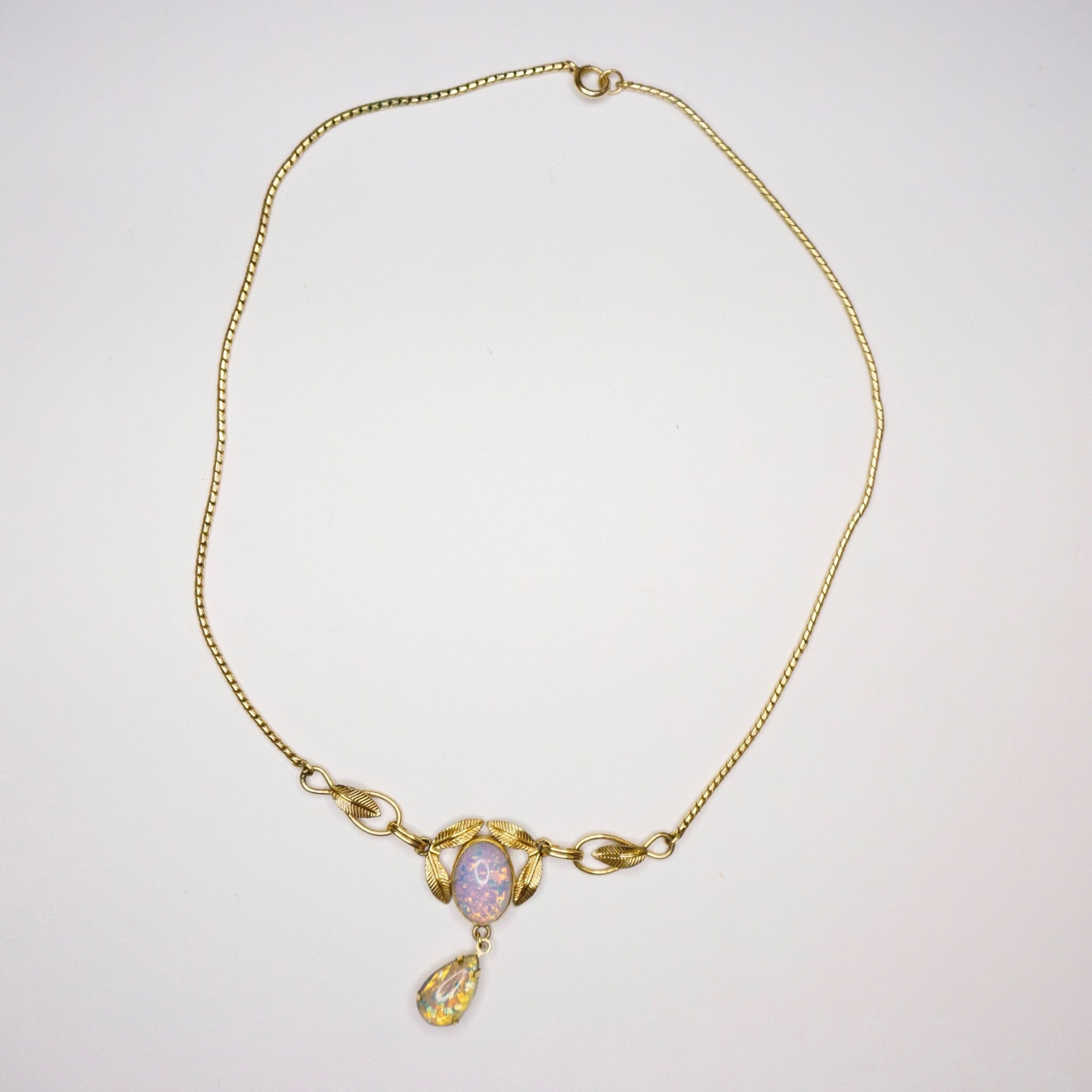 Vintage Van Dell 12K Gold Filled Opal Choker Necklace, Beautiful Dragons Breath Art Glass Necklace, Opalescent Stone Choker With Gold Leafs