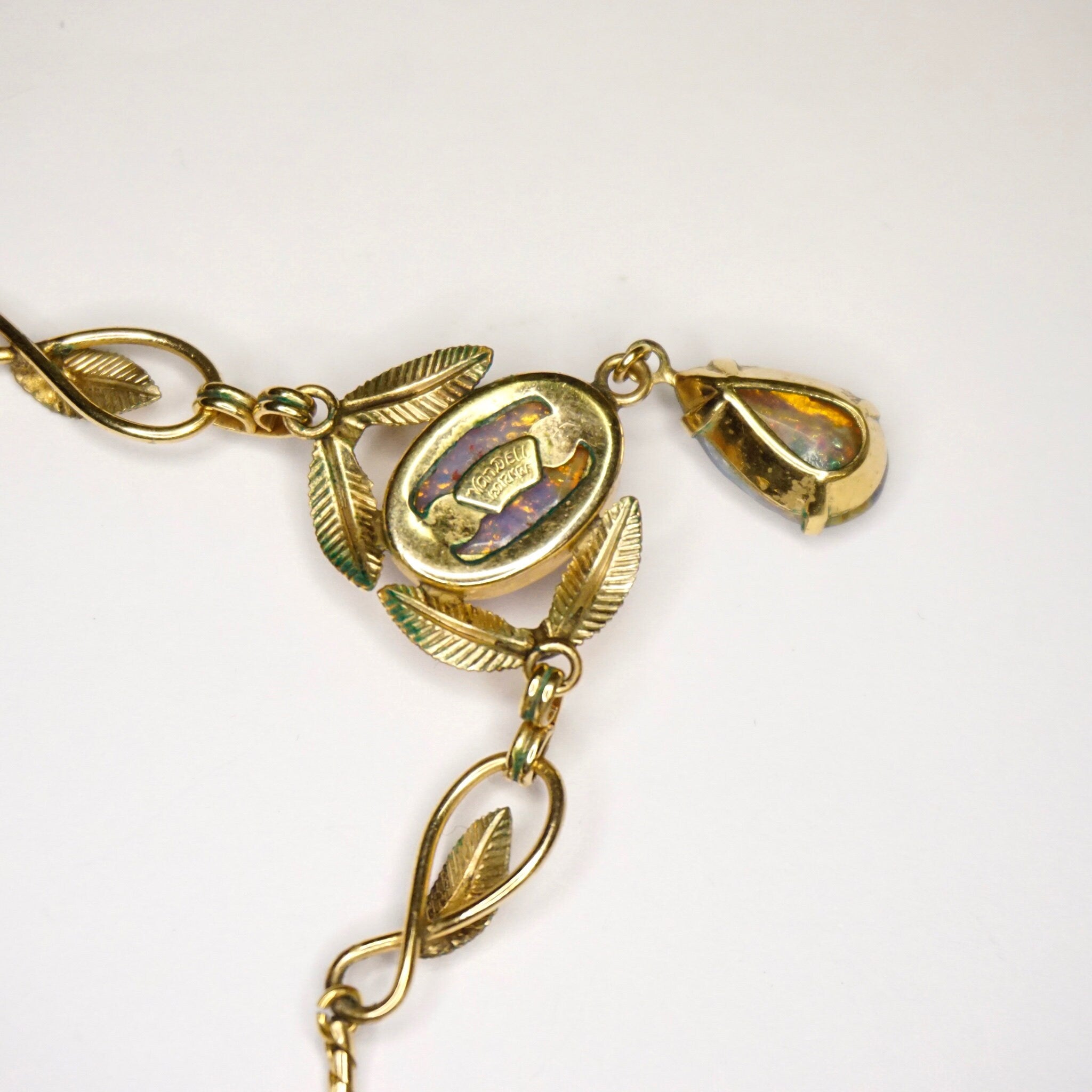 Vintage Van Dell 12K Gold Filled Opal Choker Necklace, Beautiful Dragons Breath Art Glass Necklace, Opalescent Stone Choker With Gold Leafs