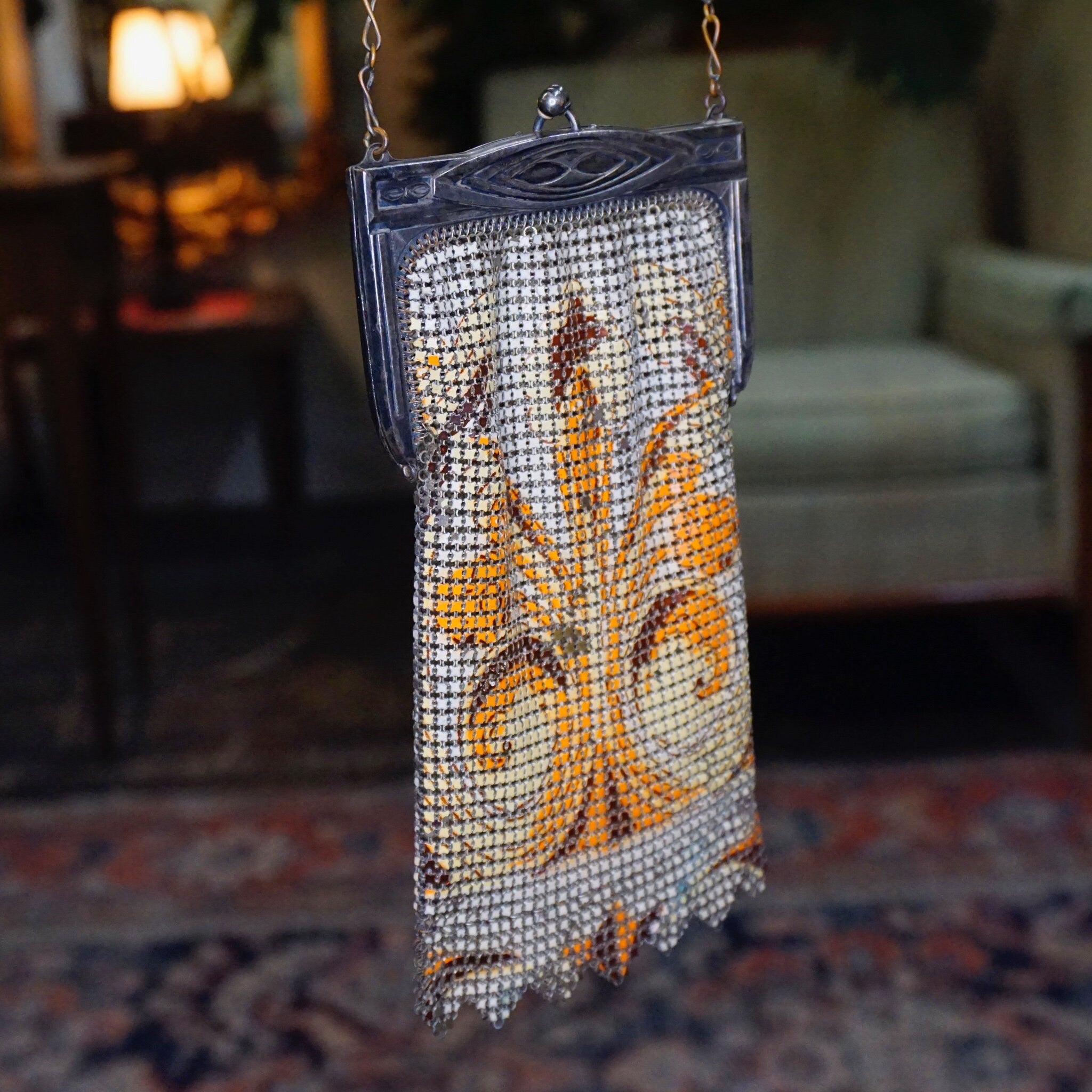 Vintage Whiting & Davis Enamel Mesh Purse, Color Chainmail Bag With Swirl Design, Antique Art Deco Mesh Hand Purse, Whiting and Davis Co