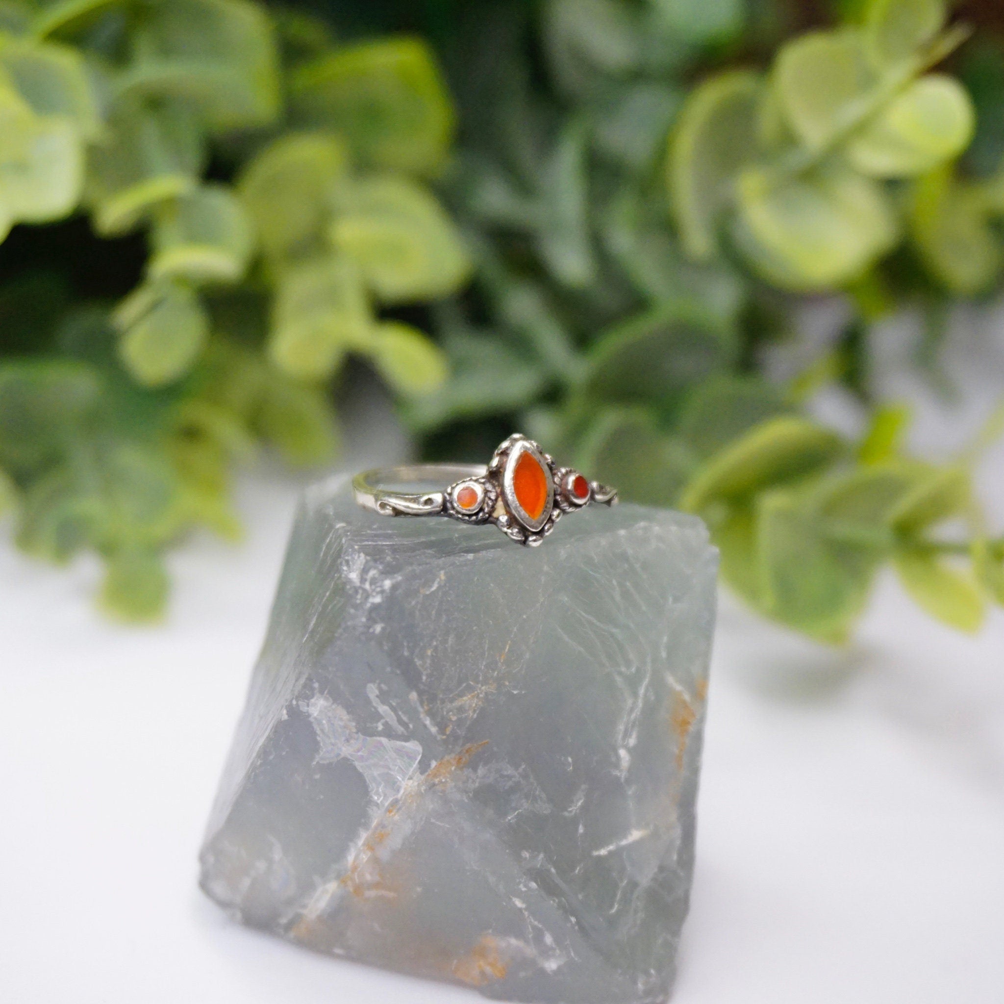 Vintage Sterling Silver Ring With Red Stone/Glass, Petite Silver Ring With Swirl Details, Thin Sterling Ring With Red Accent Stones, 925
