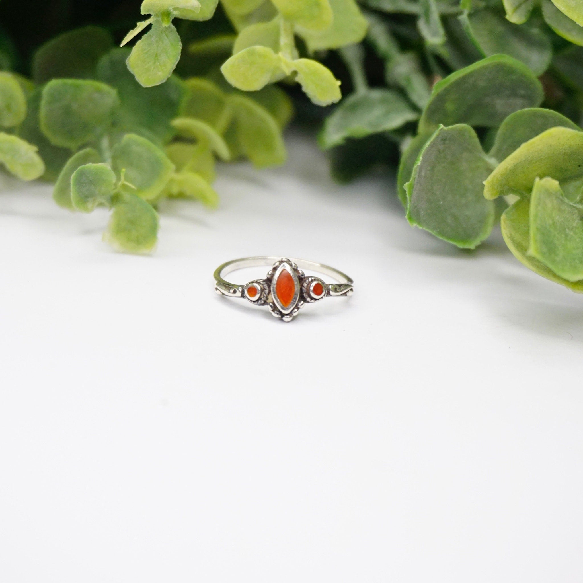 Vintage Sterling Silver Ring With Red Stone/Glass, Petite Silver Ring With Swirl Details, Thin Sterling Ring With Red Accent Stones, 925
